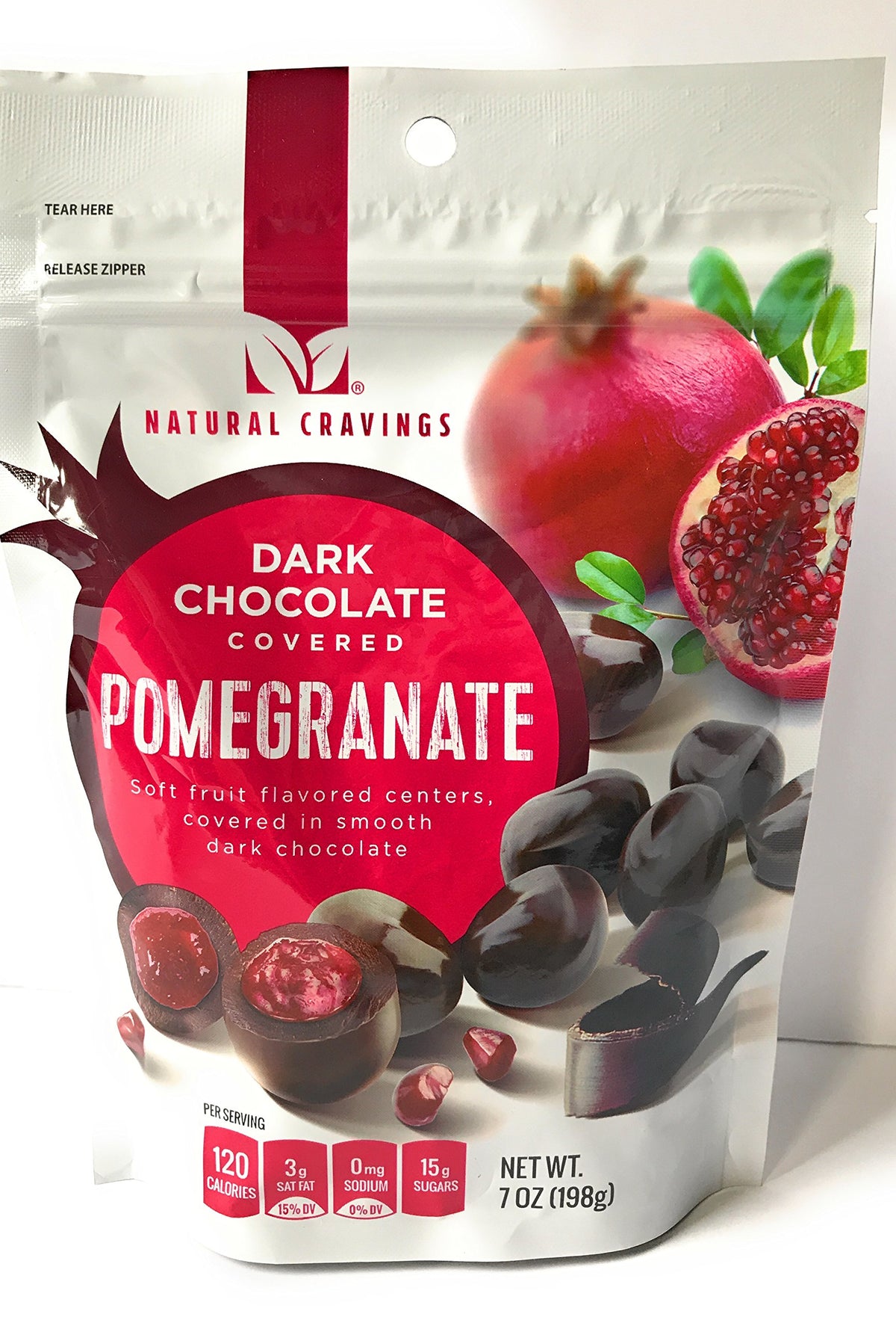 Natural Cravings Chocolate Covered Pomegranates pack front, a convenient indulgent snack.