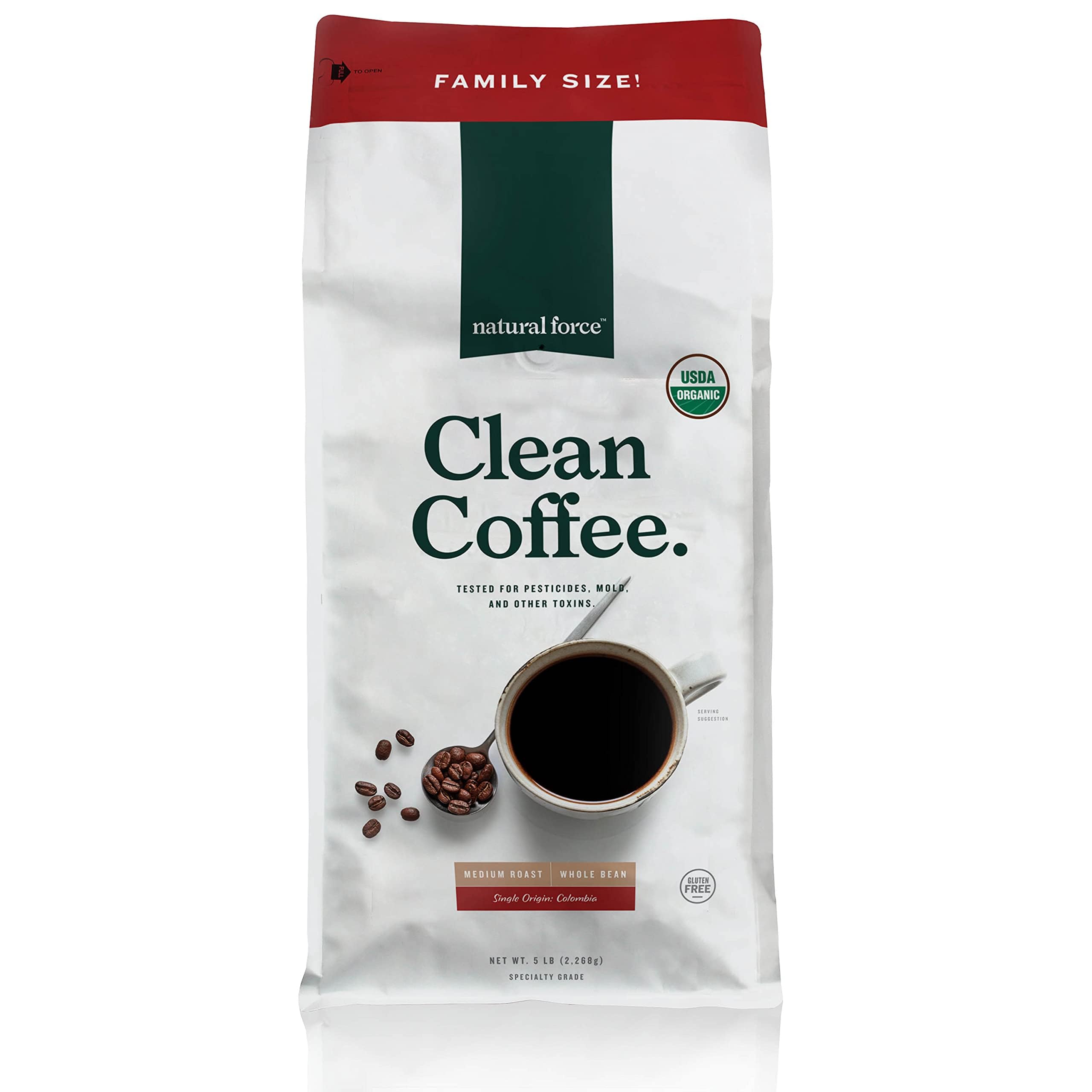 Natural Force Clean Coffee 5 lb packaging on kitchen counter for toxin-free mornings