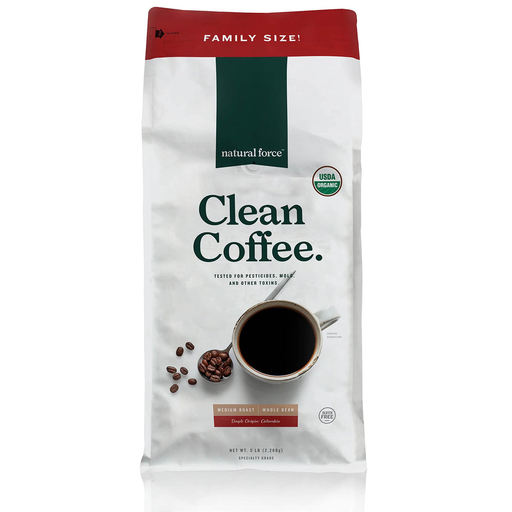 Natural Force Clean Coffee 5 lb packaging on kitchen counter for toxin-free mornings