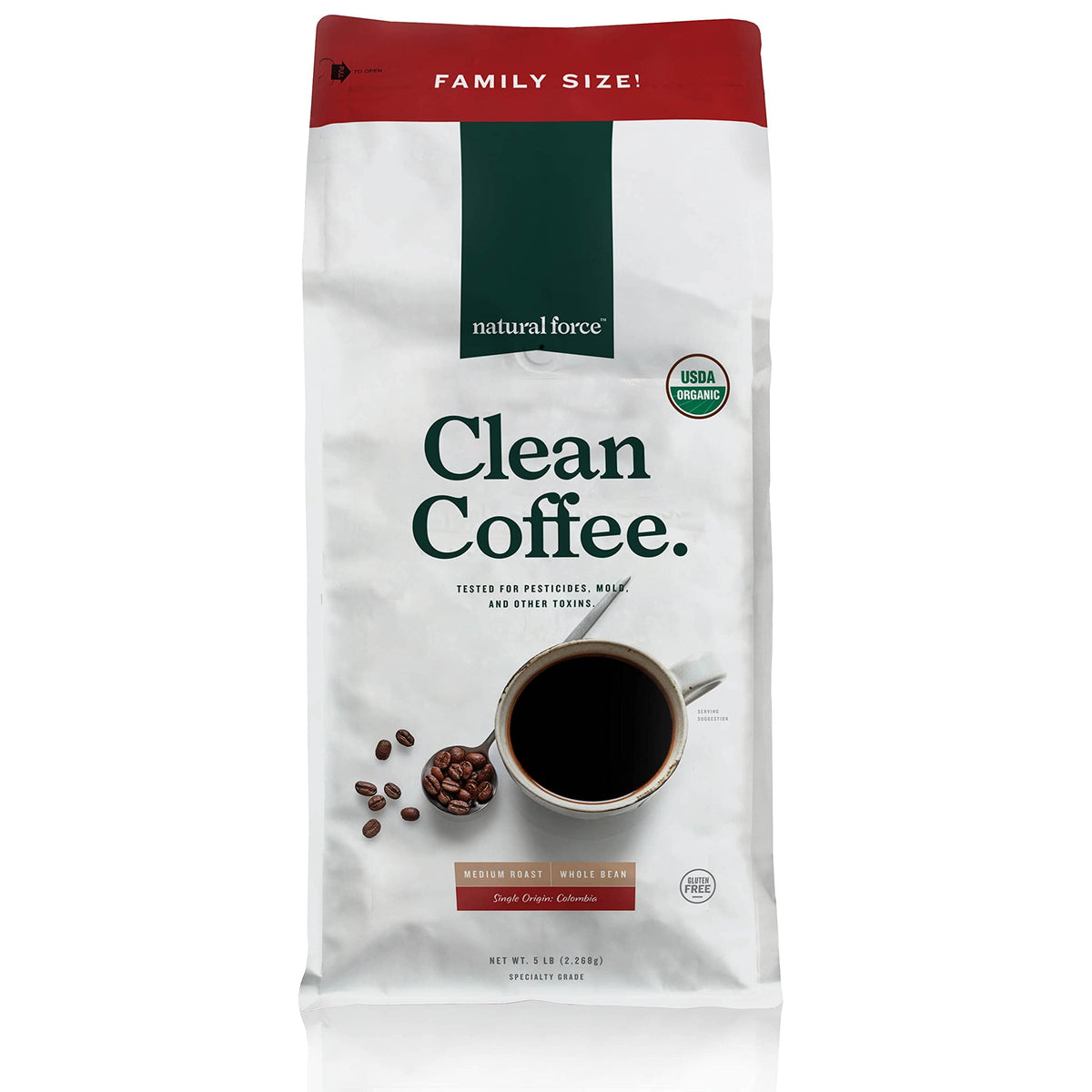 Natural Force Clean Coffee 5 lb packaging on kitchen counter for toxin-free mornings
