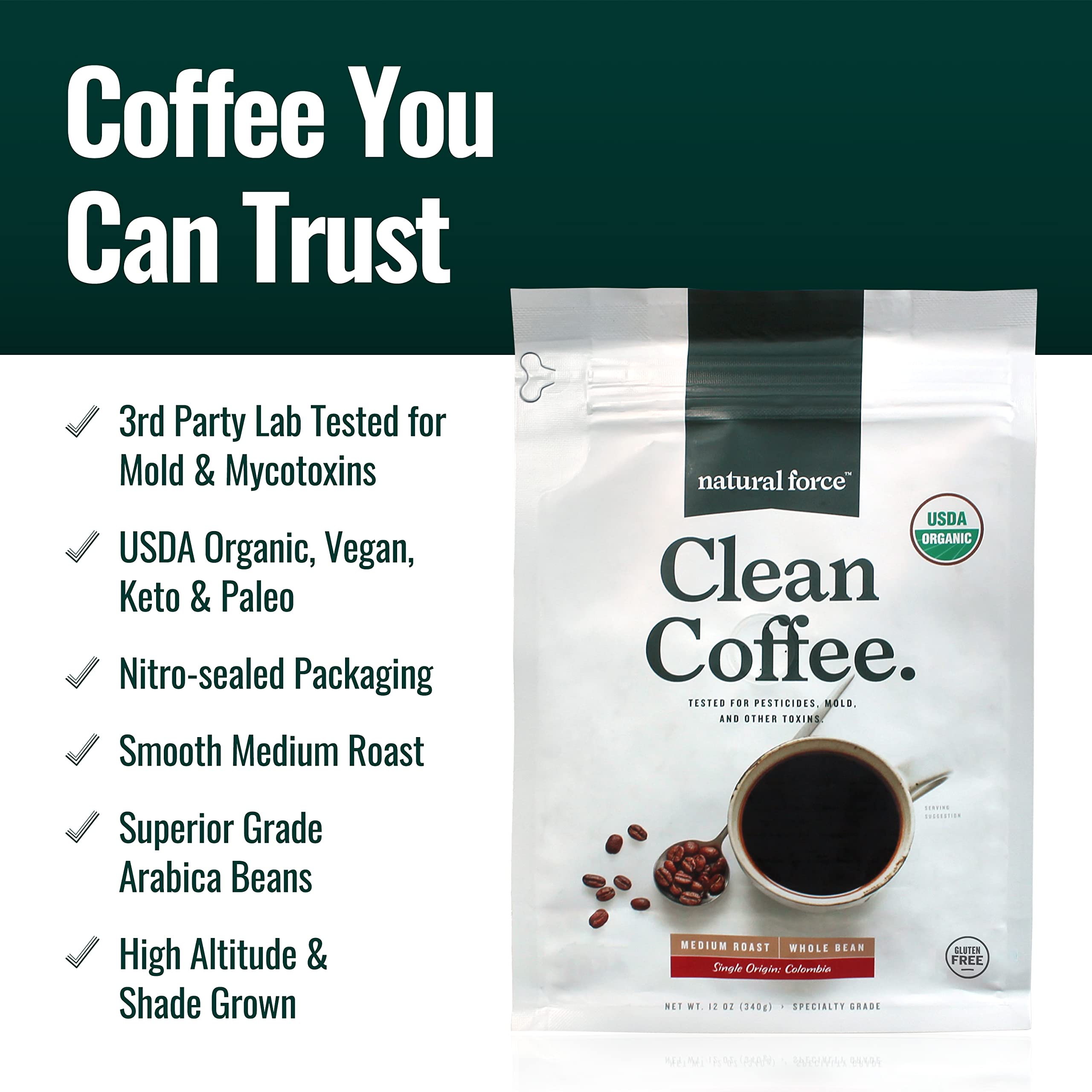 Natural Force Clean Coffee beans close-up showing fresh aroma