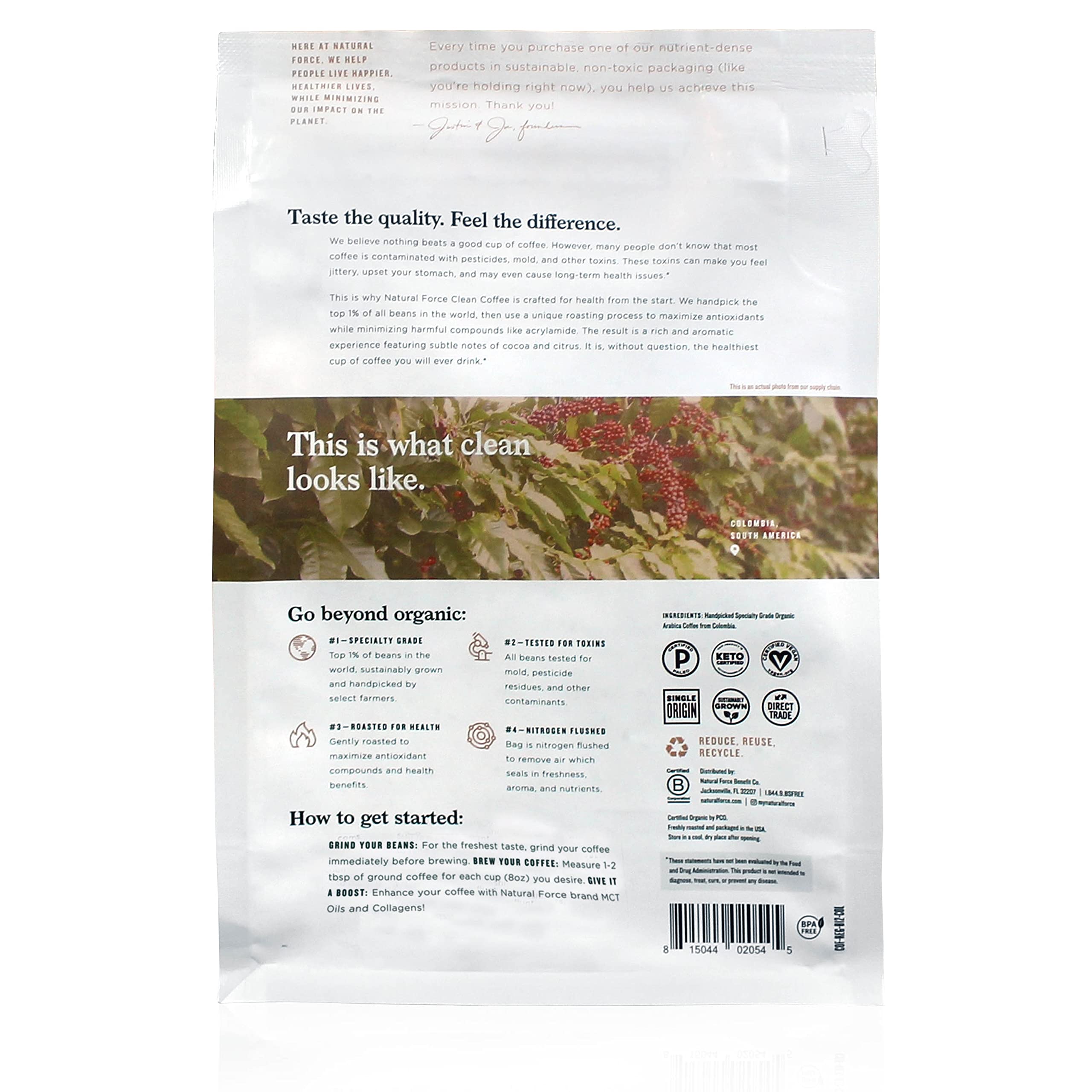 Natural Force Clean Coffee cup steaming with smooth, low-acid aroma