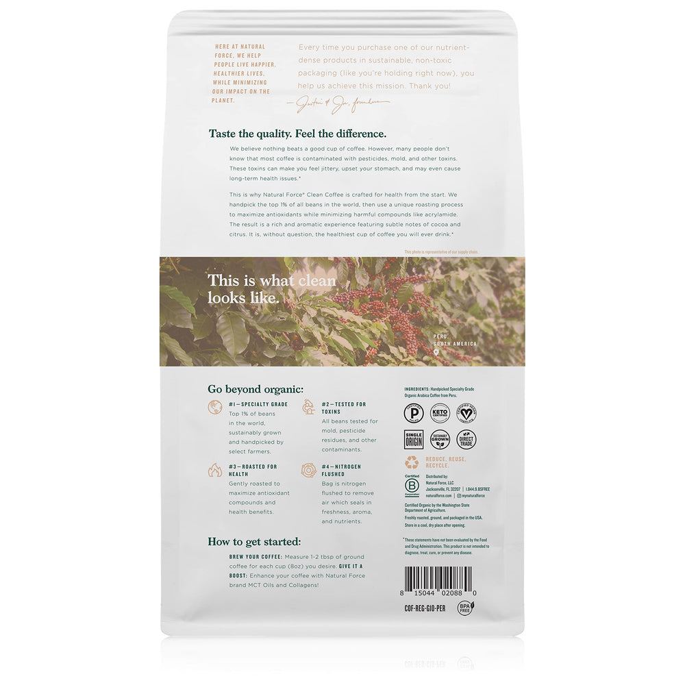 Natural Force Organic Clean Coffee cup steaming, offering smooth, low-acid flavor for sensitive stomachs.