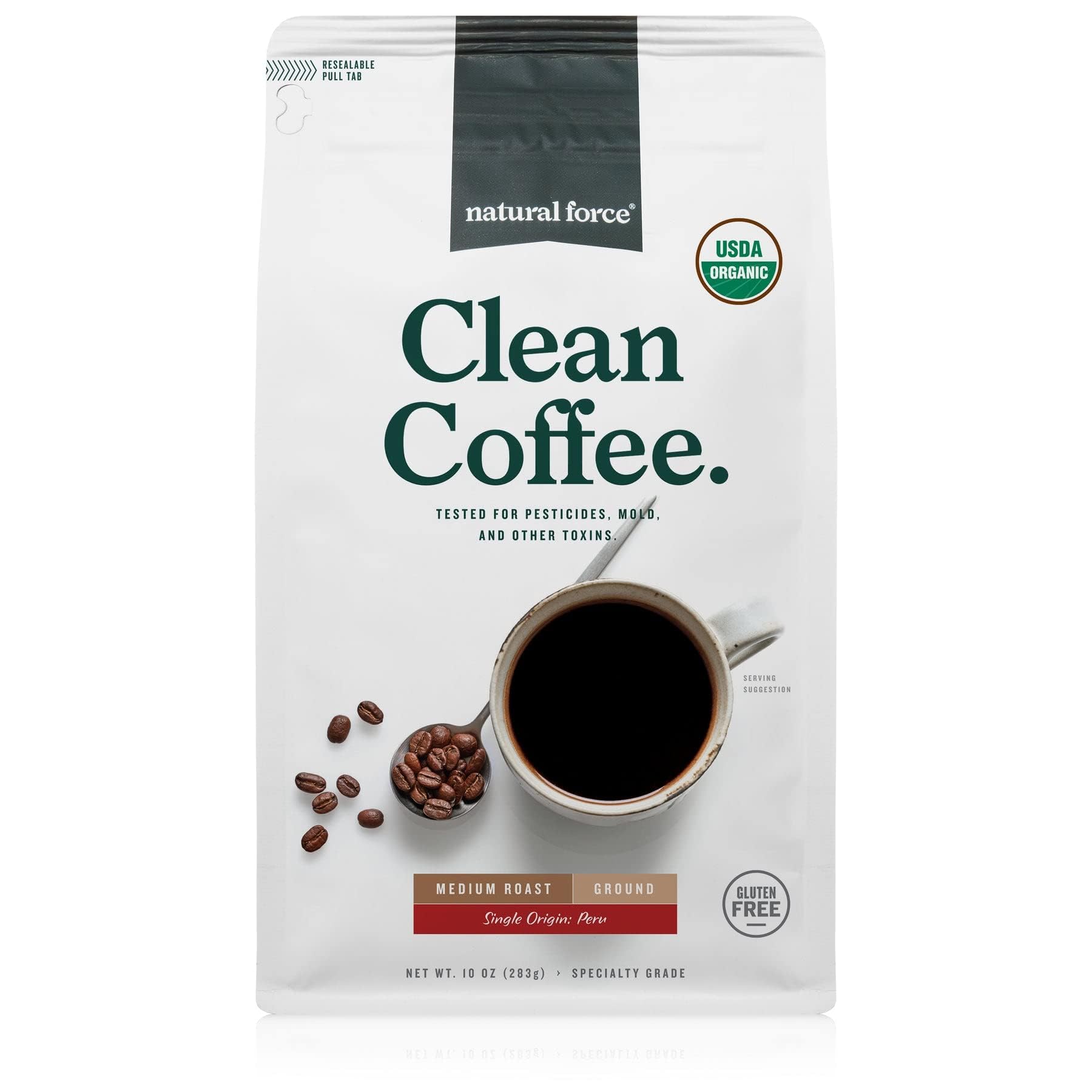 Natural Force Organic Clean Coffee ground bag with rich aroma and toxin-free promise.