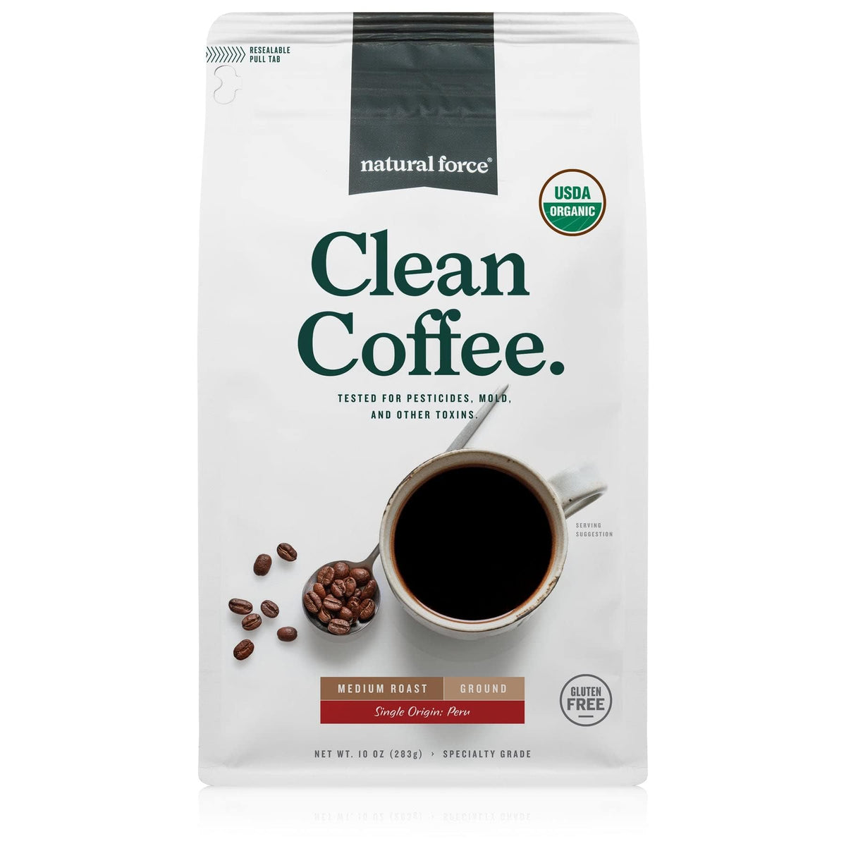 Natural Force Organic Clean Coffee ground bag with rich aroma and toxin-free promise.