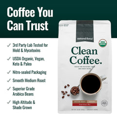 Natural Force Organic Clean Coffee lab-tested badge with mold and mycotoxin screening results.