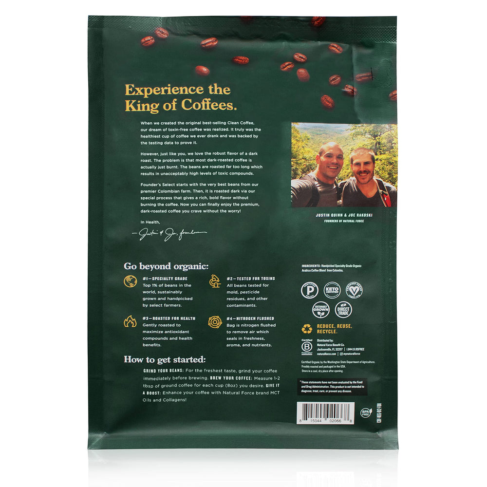 Natural Force clean coffee mug with steaming cup, rich aroma and bold flavor
