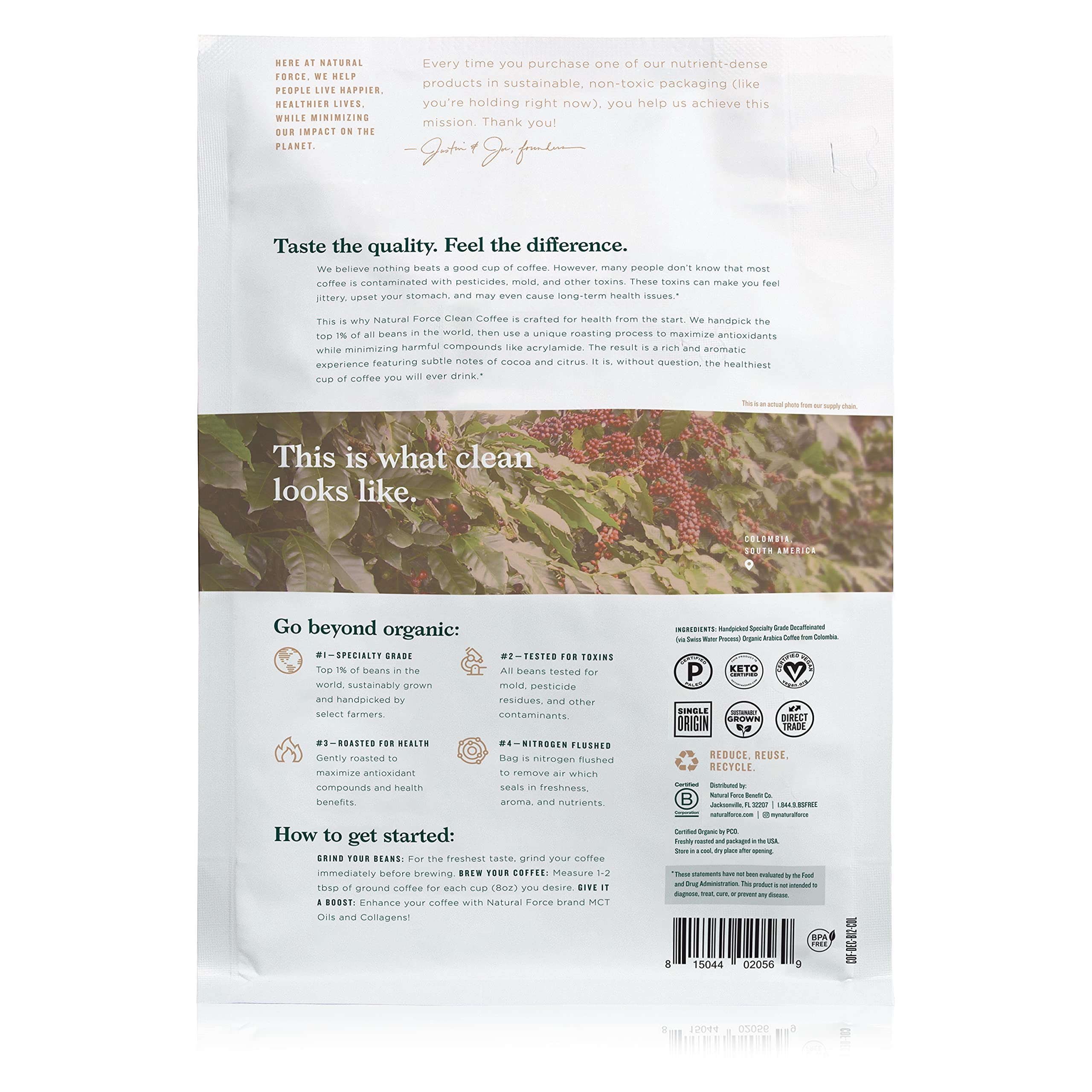 Natural Force Clean Decaf bag on the kitchen counter shows organic certification.
