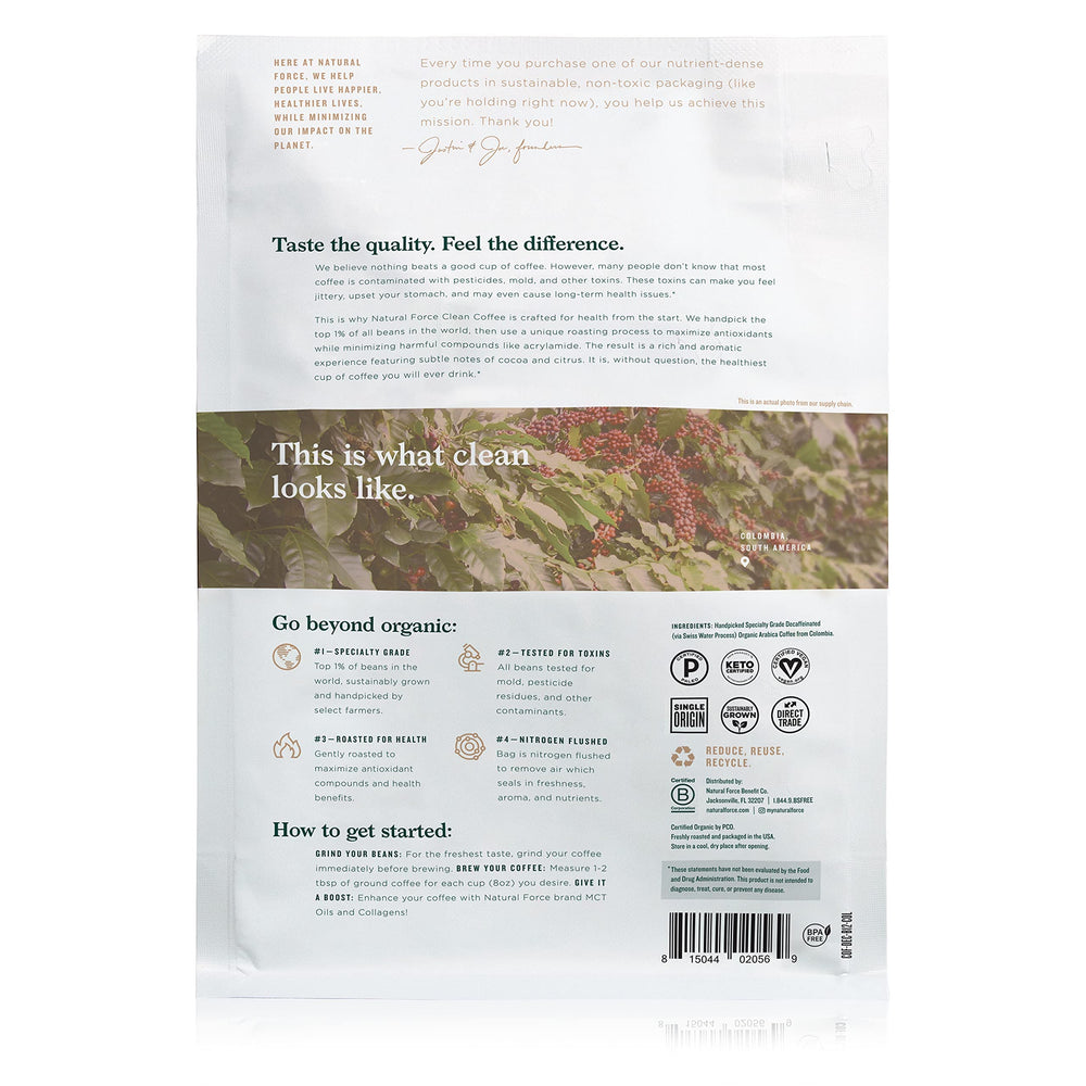 Natural Force Clean Decaf bag on the kitchen counter shows organic certification.
