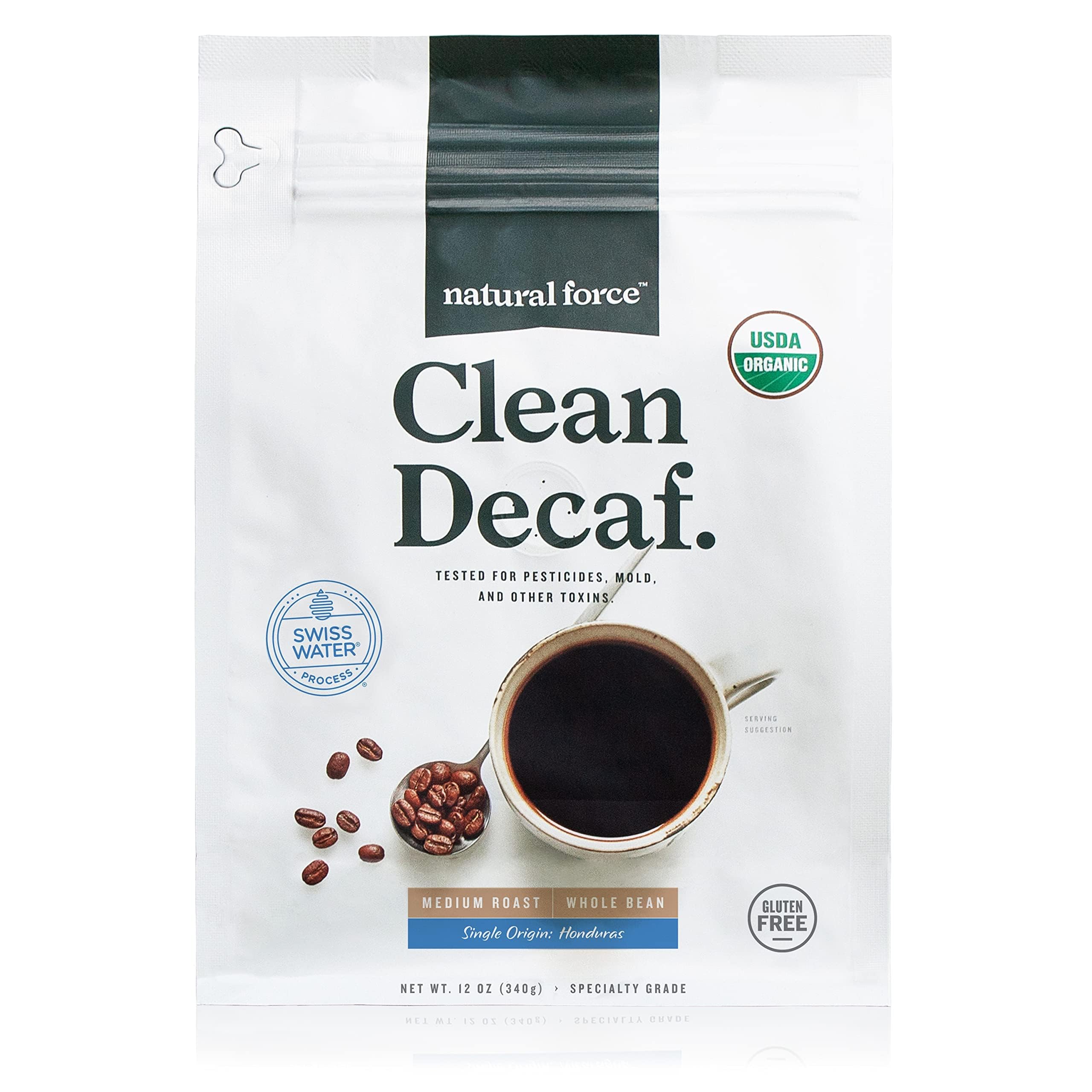 Natural Force Clean Decaf coffee beans ready to grind for toxin-free mornings.