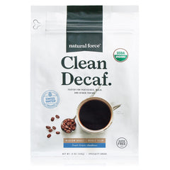 Natural Force Clean Decaf coffee beans ready to grind for toxin-free mornings.
