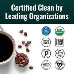 Natural Force Clean Decaf being poured into a mug with gentle steam.