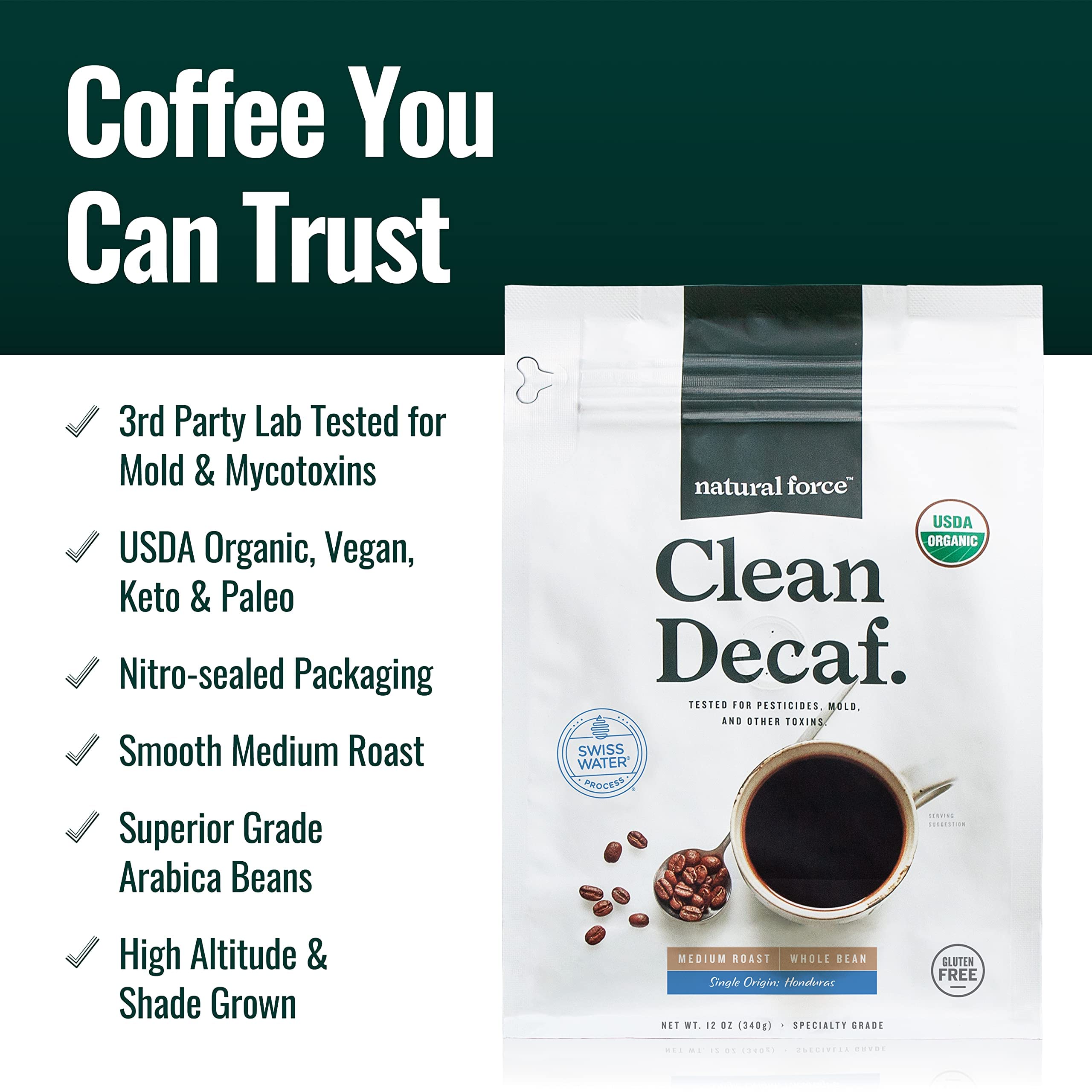 Natural Force Clean Decaf ground coffee ready for Swiss Water brewing.