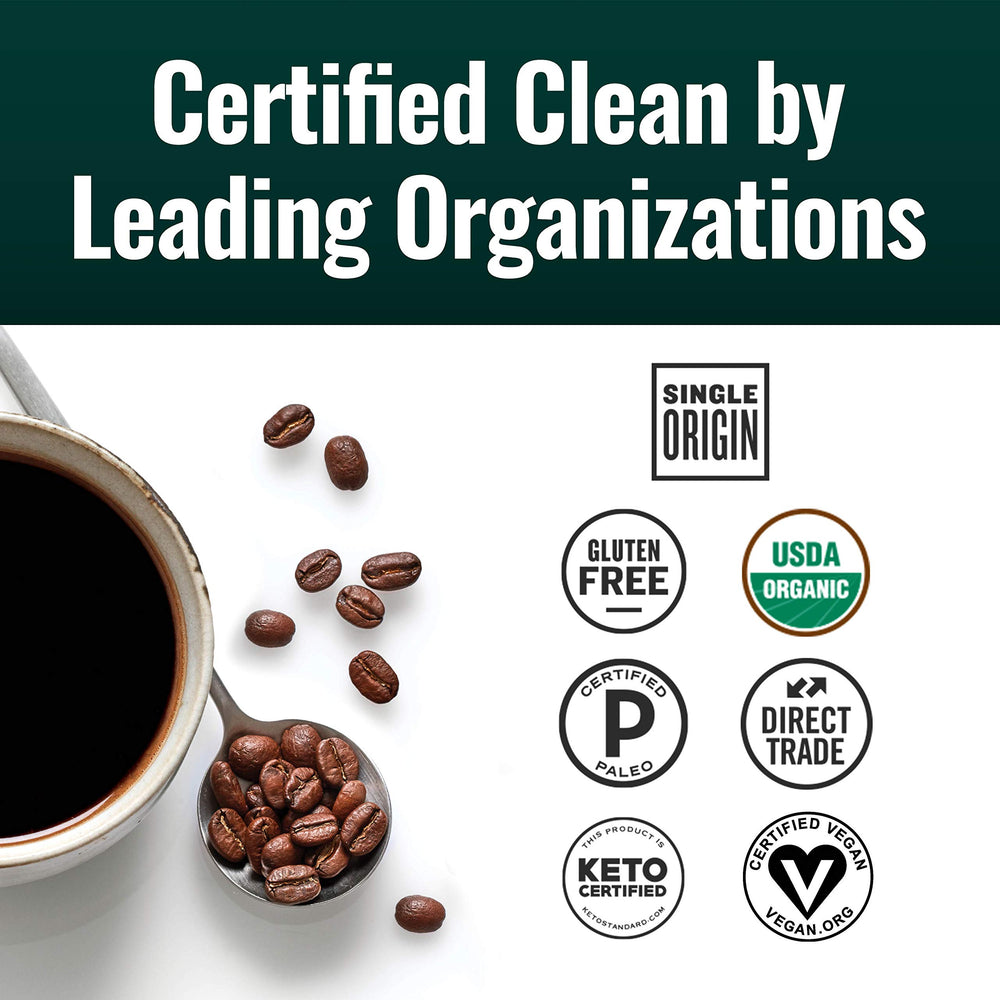 Natural Force dark roast beans in grinder, showcasing deep aroma and consistent grind