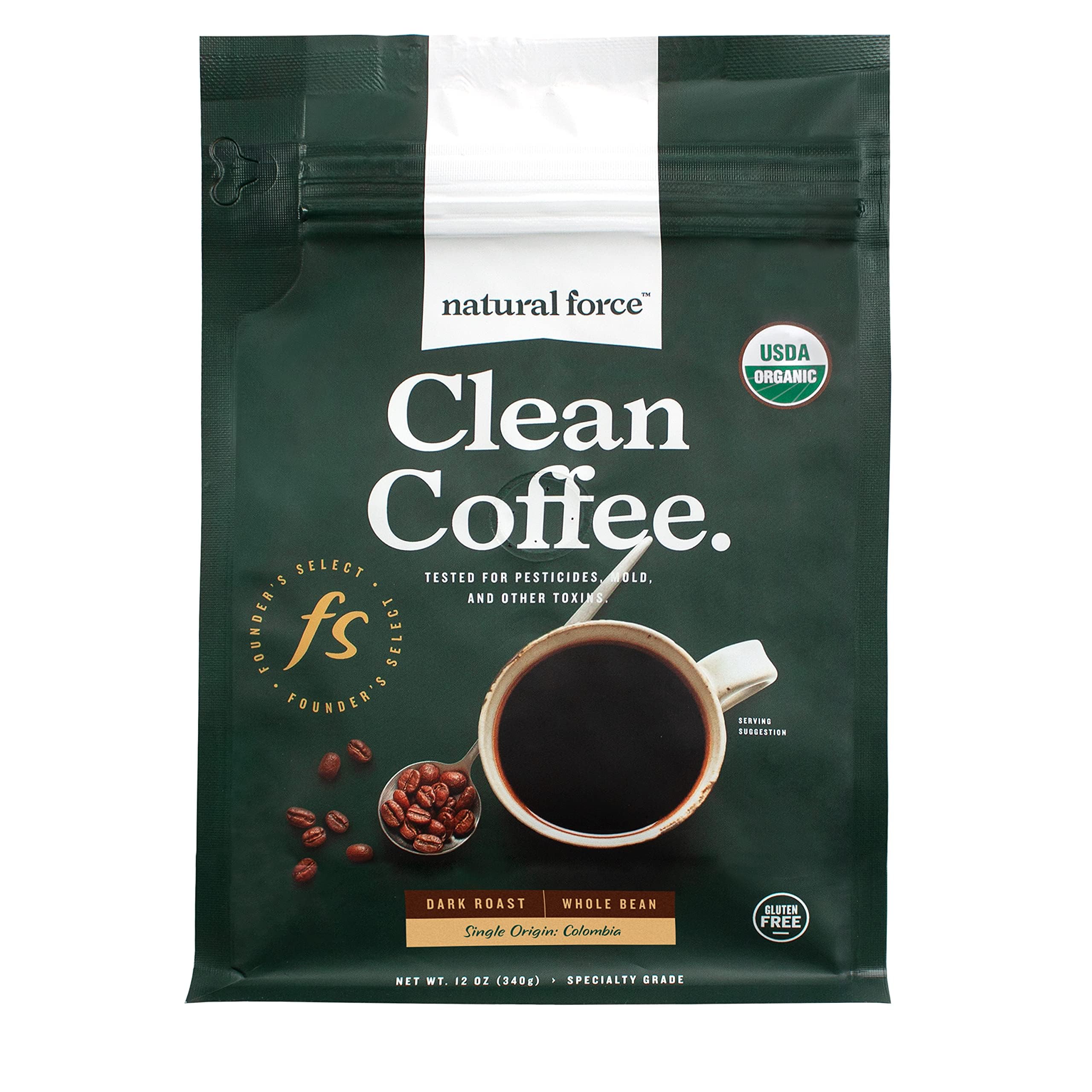 Natural Force Founder’s Select whole bean bag, toxin-free purity for clean mornings
