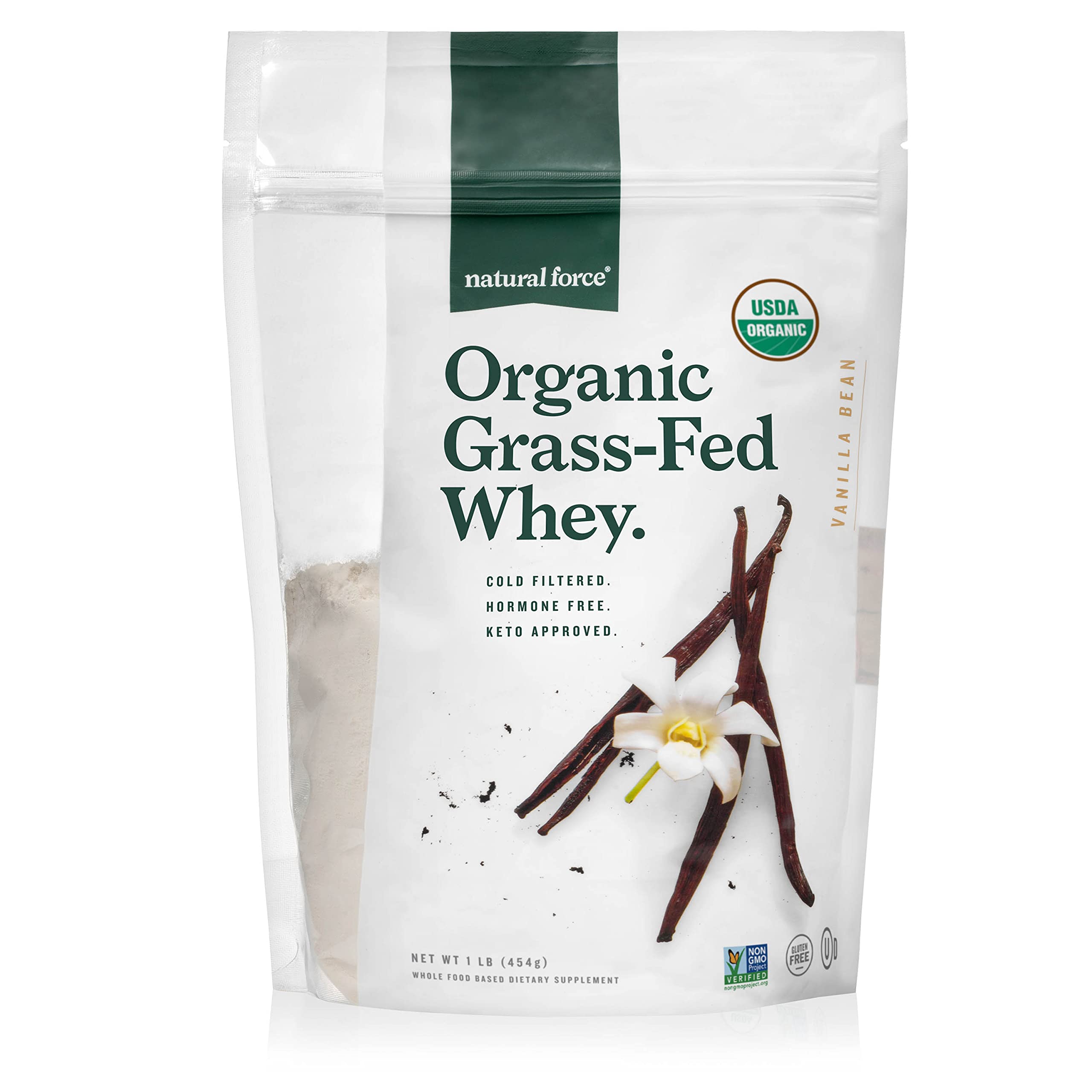 Natural Force grass-fed whey powder vanilla tub with real vanilla flavor for shakes