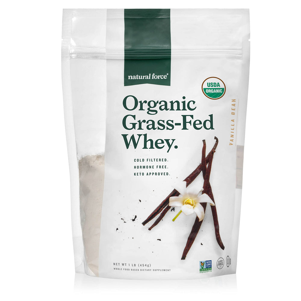Natural Force grass-fed whey powder vanilla tub with real vanilla flavor for shakes