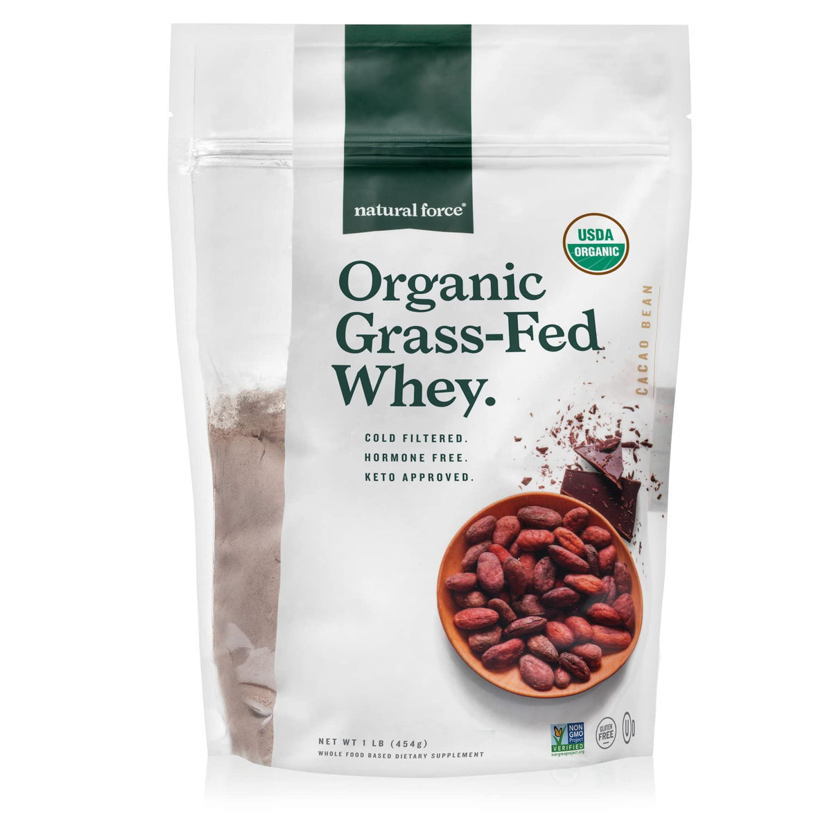 Natural Force whey chocolate tub front shows brand and organic quality