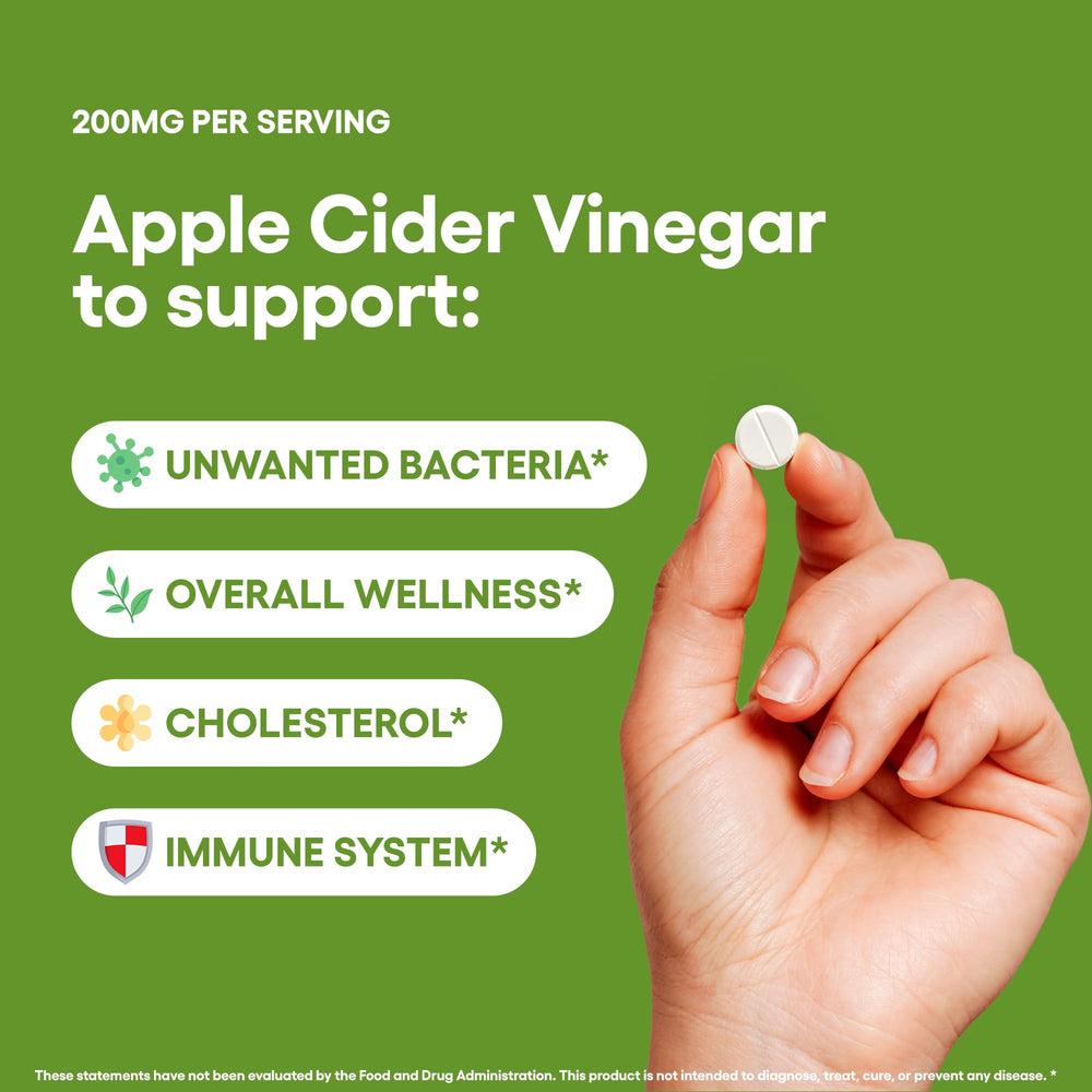 Natural Foundation Apple Cider Vinegar tablets close-up showing 200 mg servings