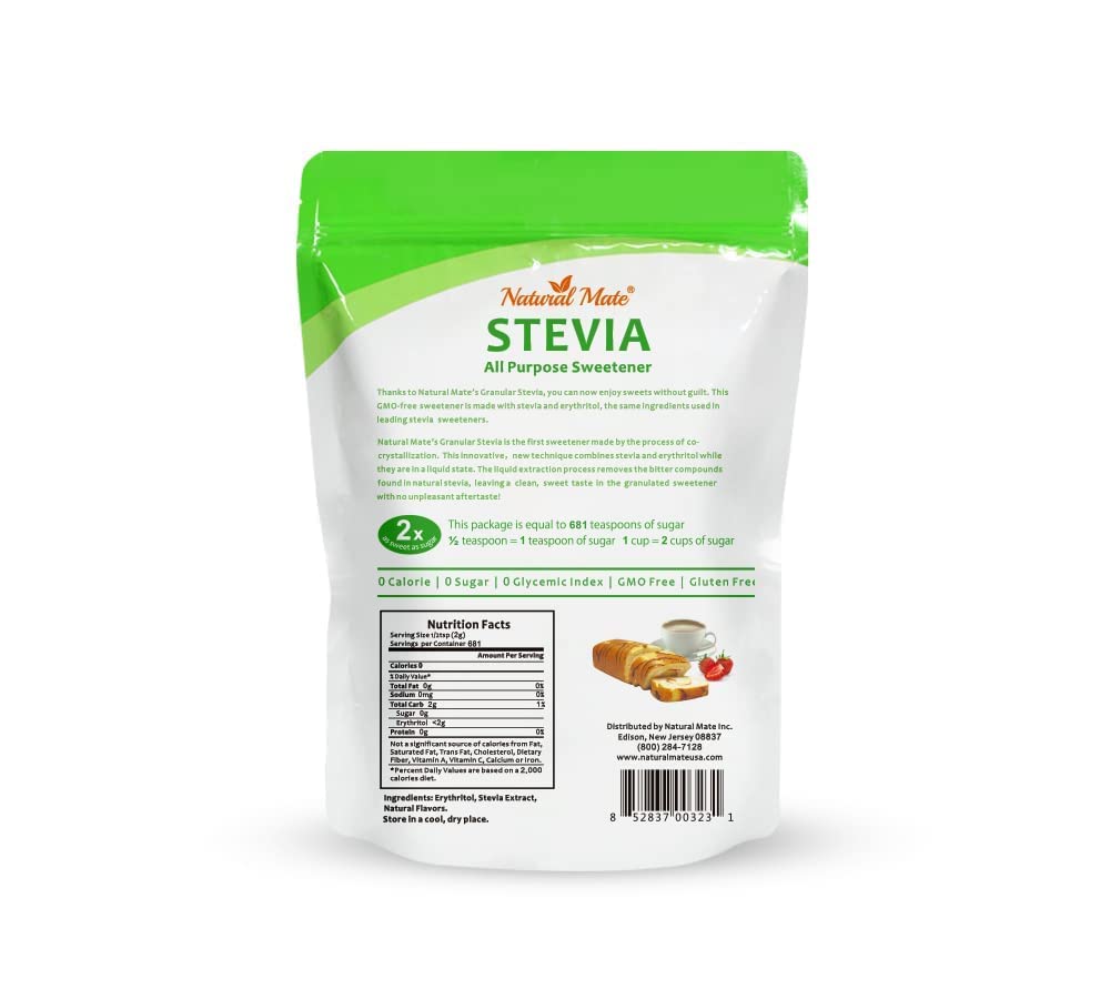Natural Mate ingredient list showing stevia and erythritol as main ingredients.