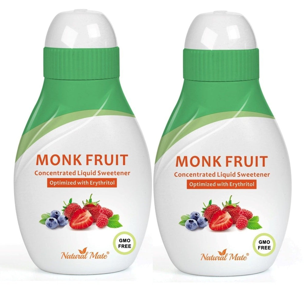 Natural Mate monk fruit liquid sweetener bottle on counter, zero calories and zero glycemic impact
