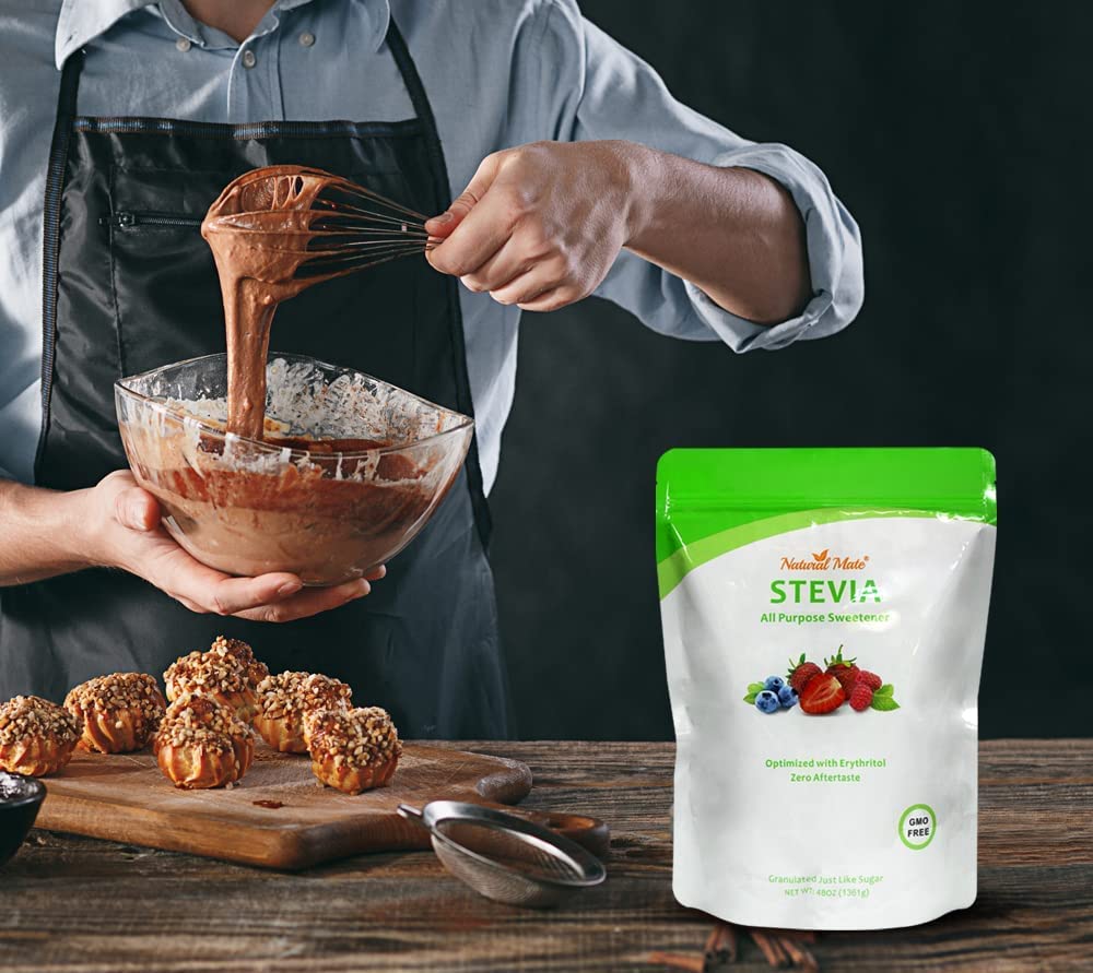 Natural Mate vegan label on packaging, plant-based sweetener blend.