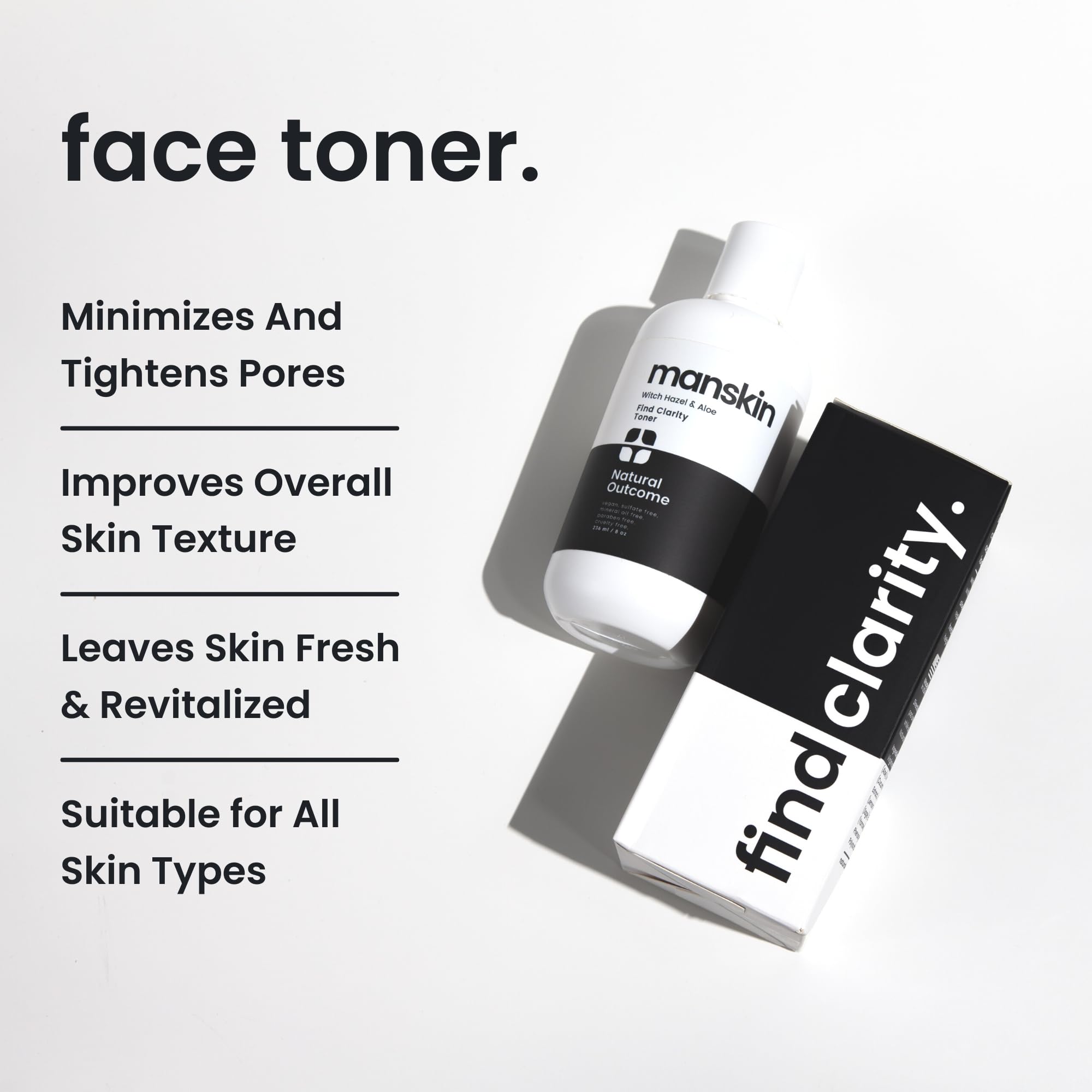 Natural Outcome Man Skin Toner bottle closeup highlights a clean, alcohol-free formula for daily use.