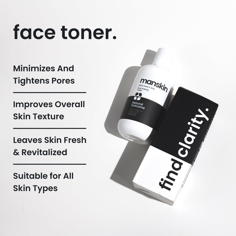 Natural Outcome Man Skin Toner bottle closeup highlights a clean, alcohol-free formula for daily use.