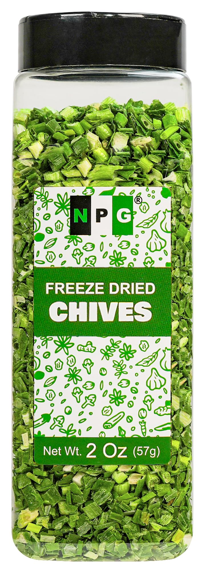 Natural Plus Green NPG freeze-dried chives jar showing vibrant green color for quick flavoring