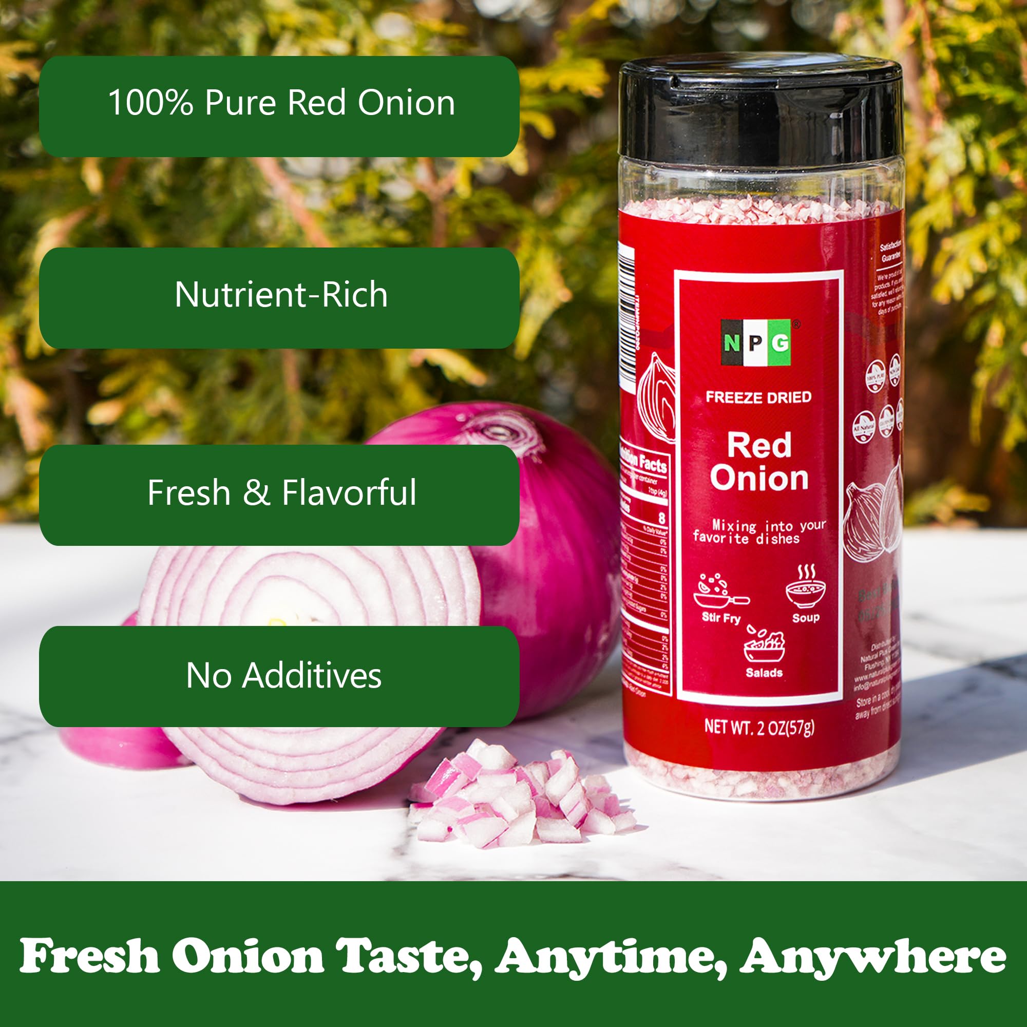 Natural Plus Green NPG freeze-dried red onion dish-ready for meats and dips.