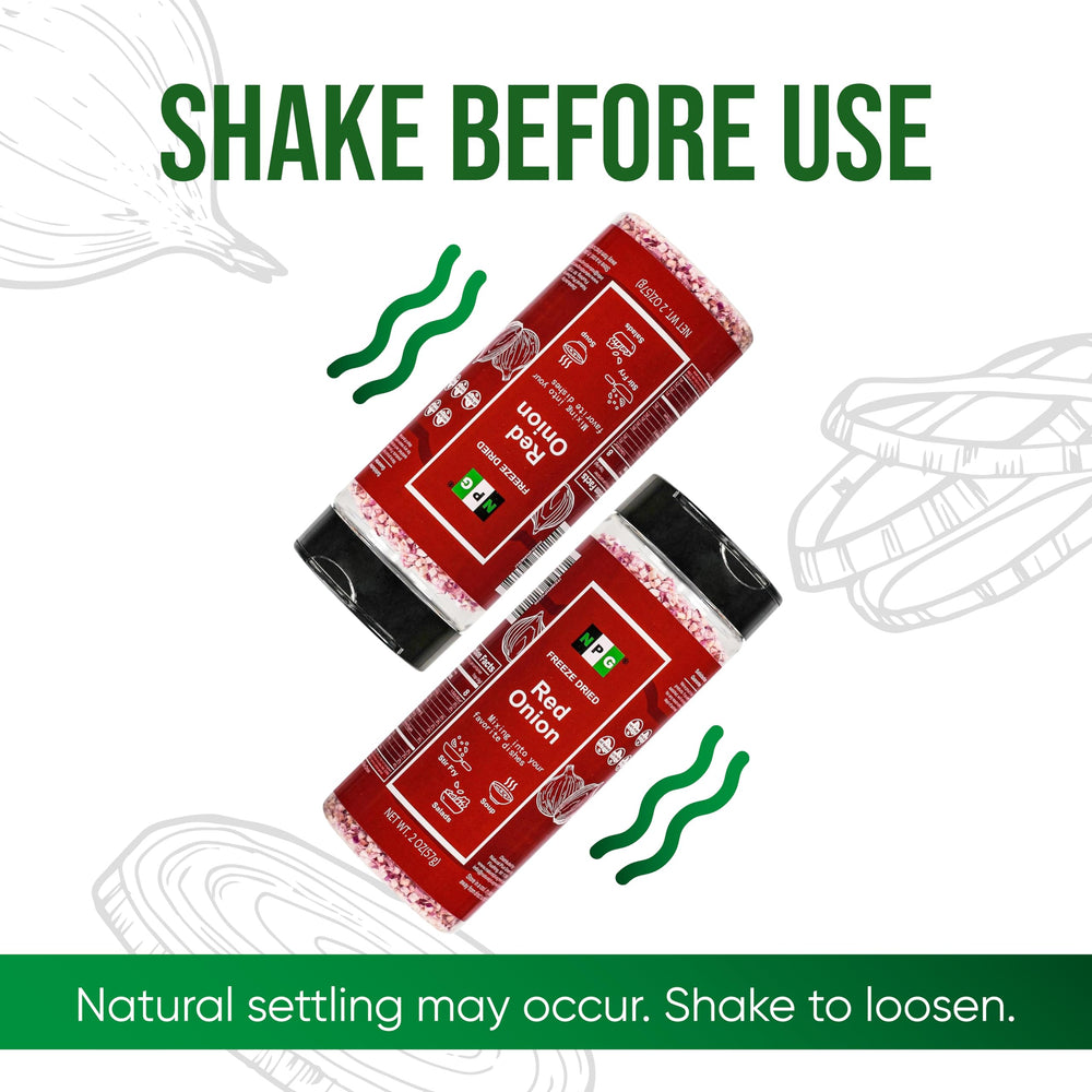 Natural Plus Green NPG freeze-dried red onion flakes for effortless seasoning.