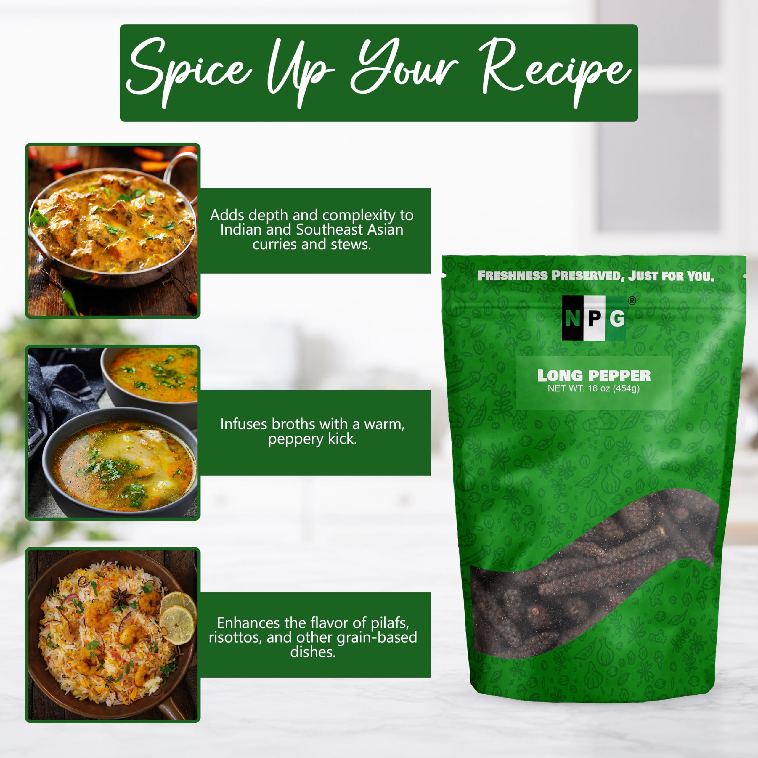 Natural Plus Green NPG Long Pepper on stove — enhances soups and grain dishes with depth.