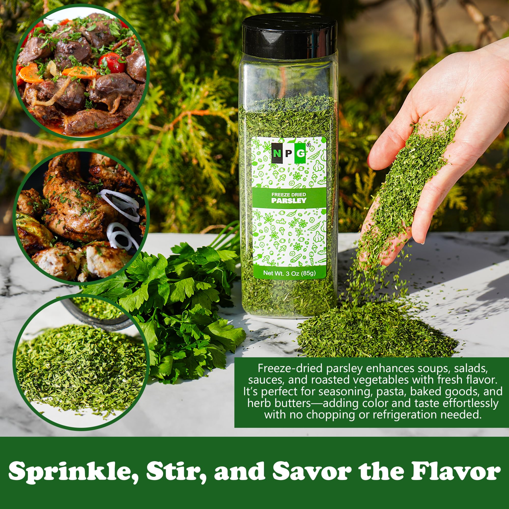 Natural Plus Green NPG parsley flakes resealable bottle, long-lasting flavor for meal prep