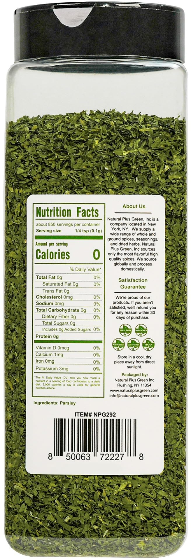 Natural Plus Green NPG parsley flakes closeup, bright green and ready to season