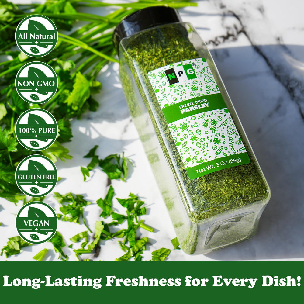 Natural Plus Green NPG parsley flakes closeup, vibrant garnish to enhance plating and flavor