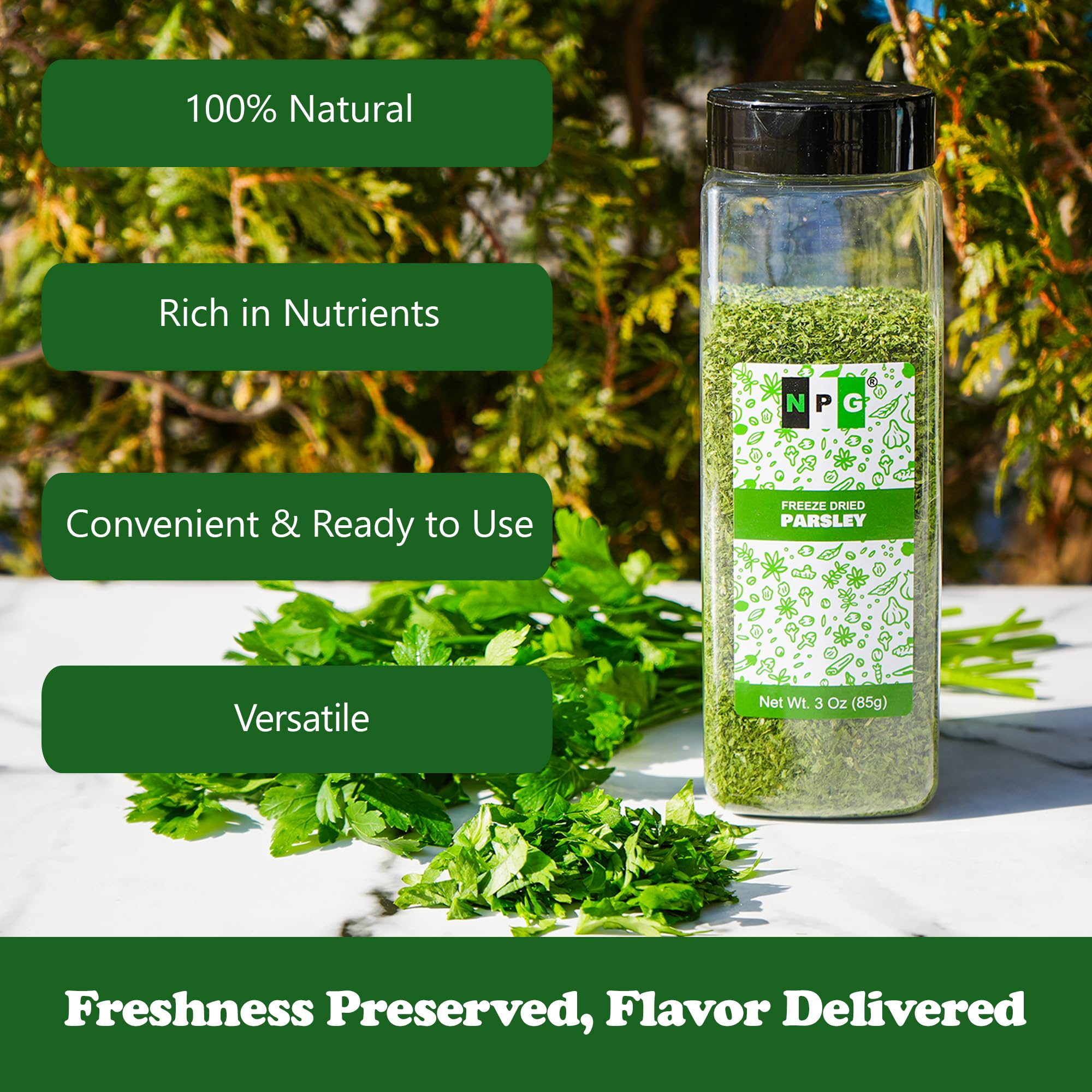 Natural Plus Green NPG parsley flakes bottle top view, convenient seasoning for home chefs