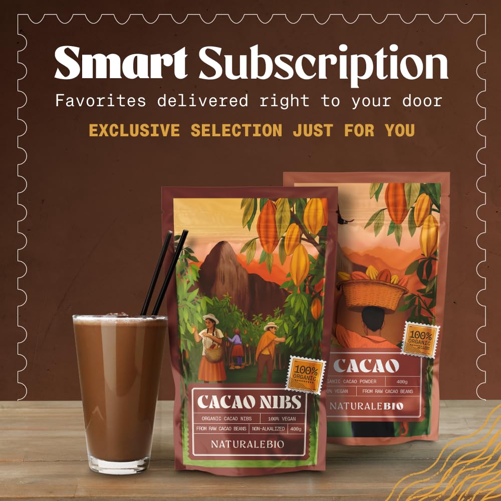 NaturaleBio cacao nibs ingredients label confirms organic vegan gluten-free.