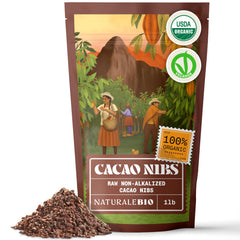 NaturaleBio cacao nibs organic 1lb bag with earthy aroma for baking and snacking.