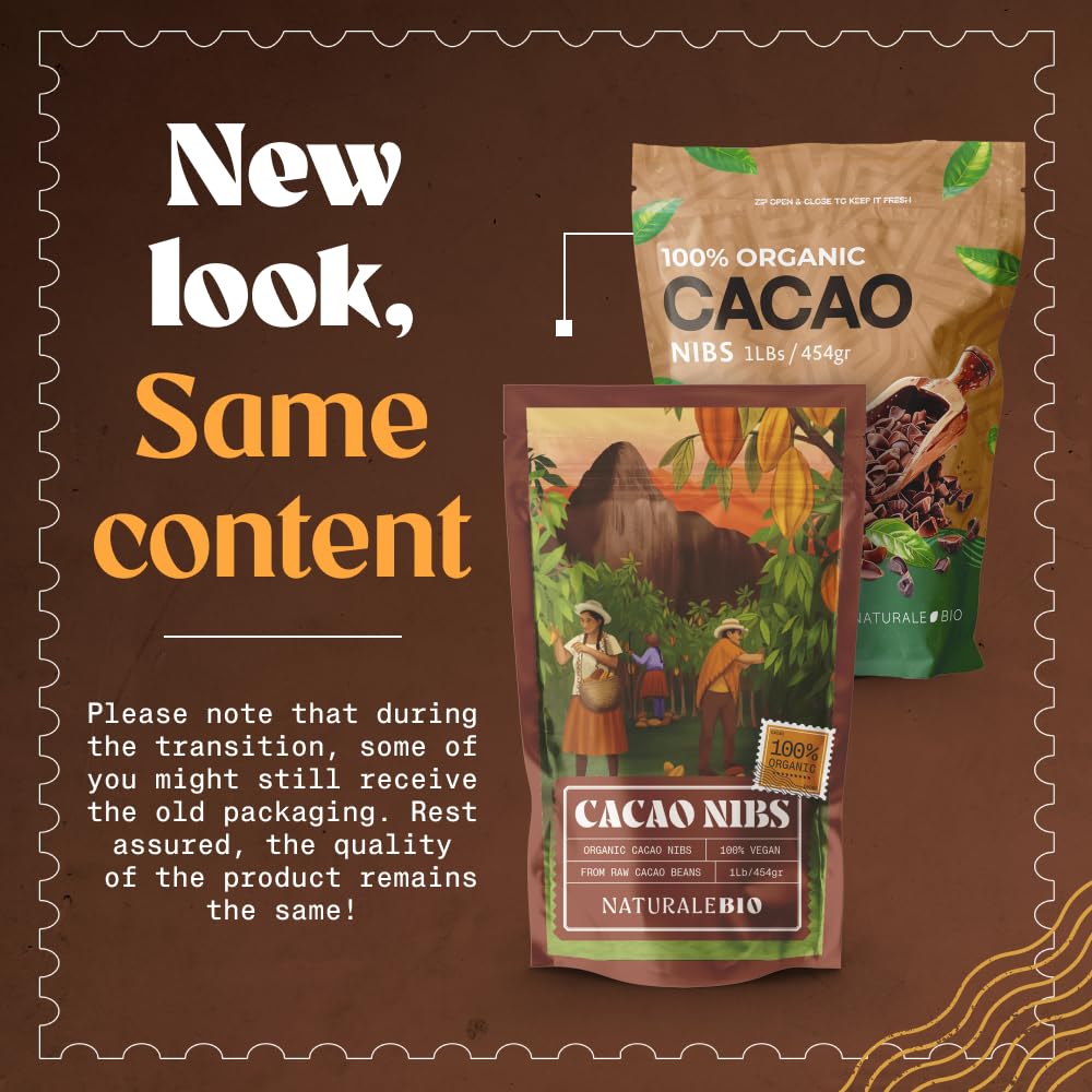 NaturaleBio cacao nibs packaging recyclable design emphasizes sustainability.
