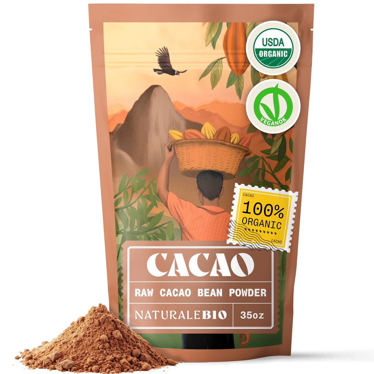 NaturaleBio cacao powder jar on kitchen counter for baking and smoothies.