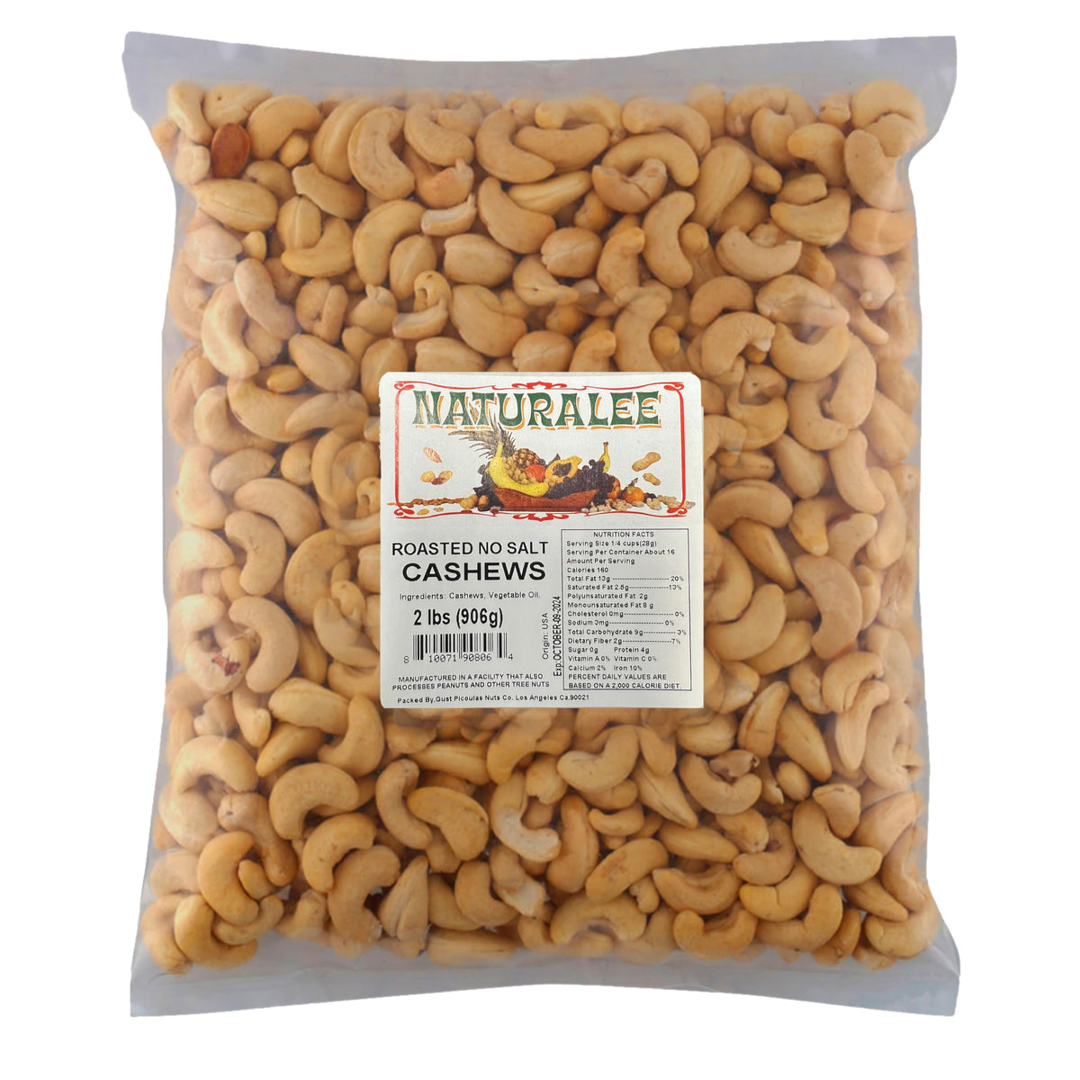 Naturalee cashews 2lb front-pack: roasted, unsalted, heart-healthy snack option.