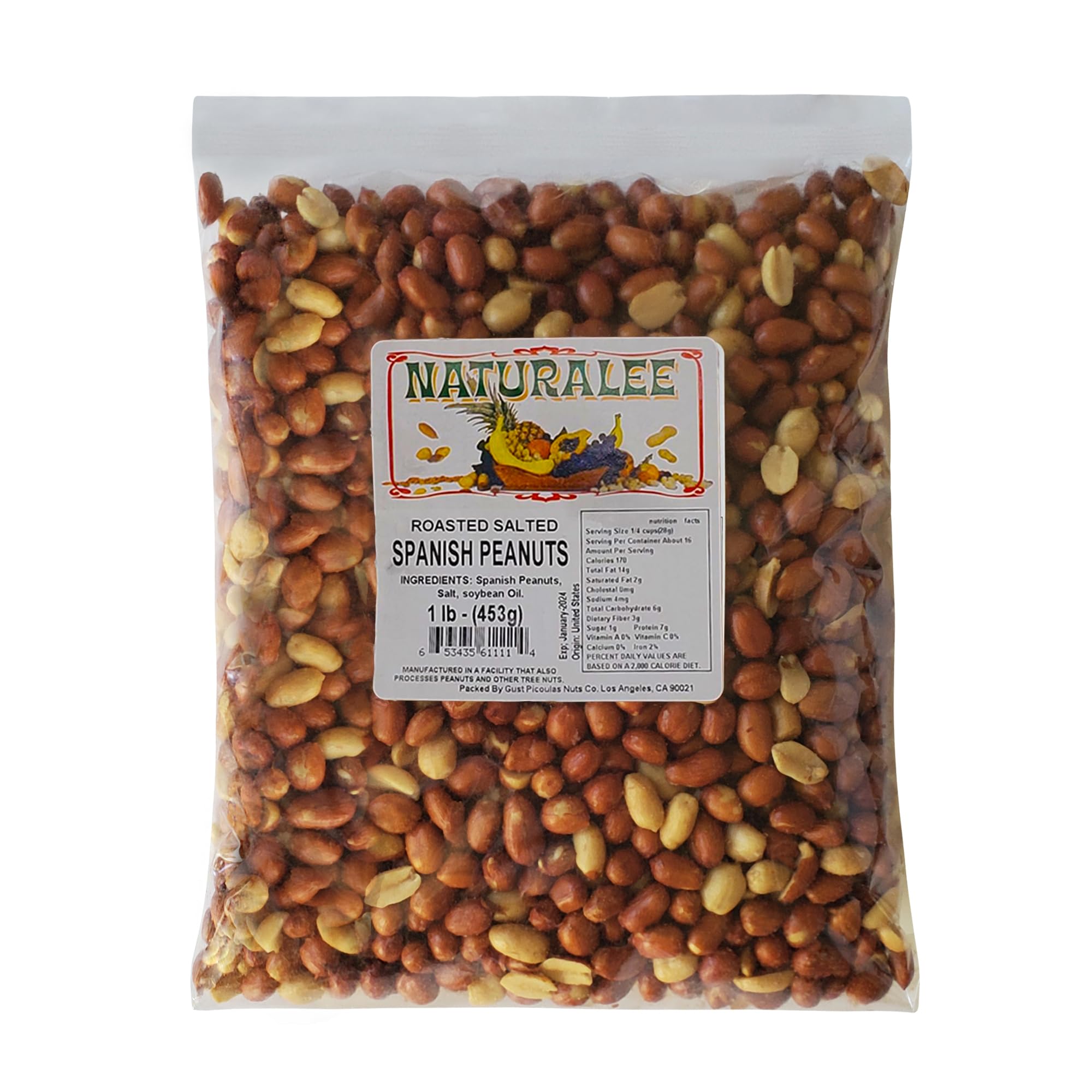 Naturalee peanuts with skin, roasted and salted, protein-rich snack.