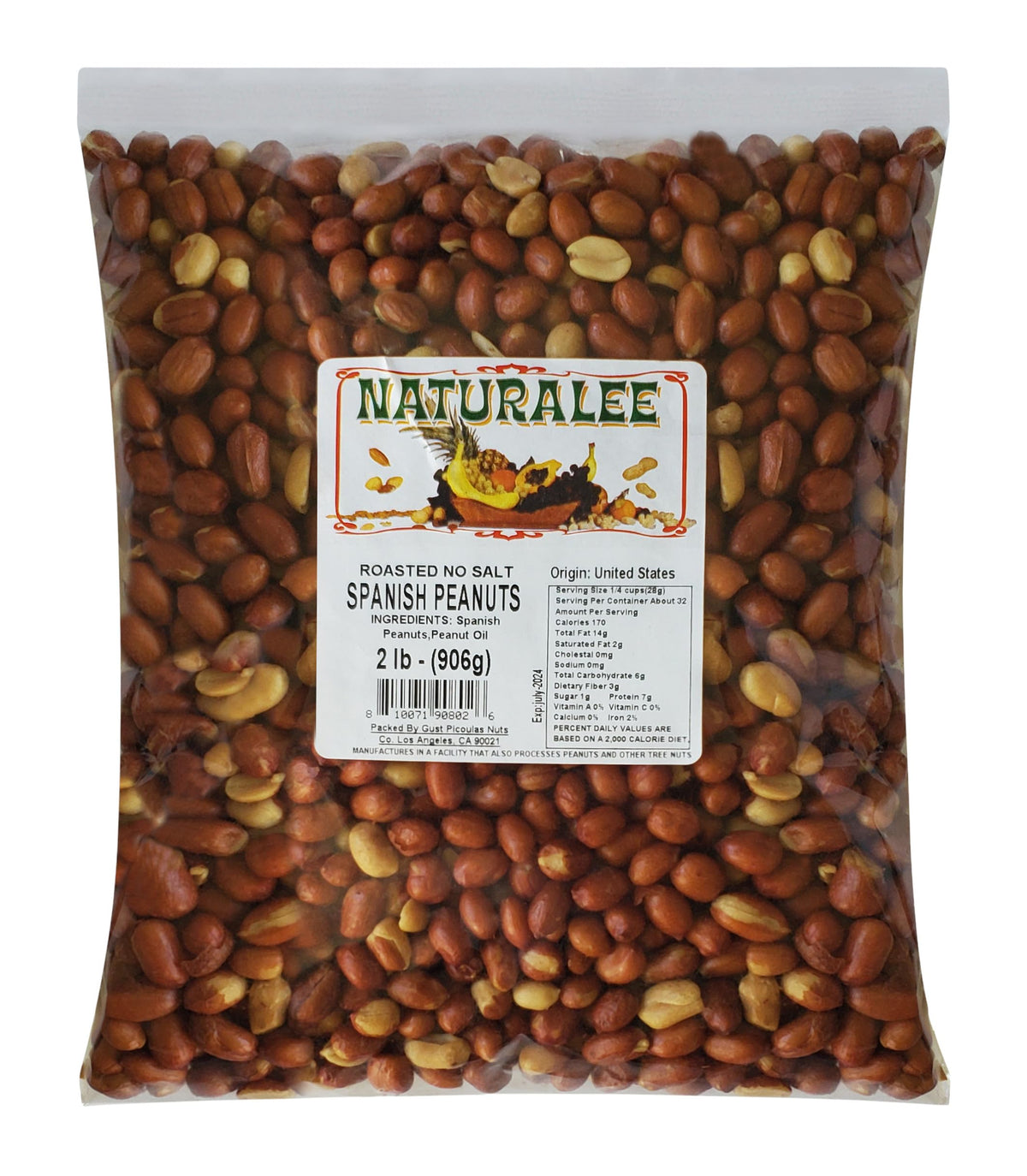 Naturalee peanuts with skin, 2 lb bag, roasted without salt, protein-rich snack