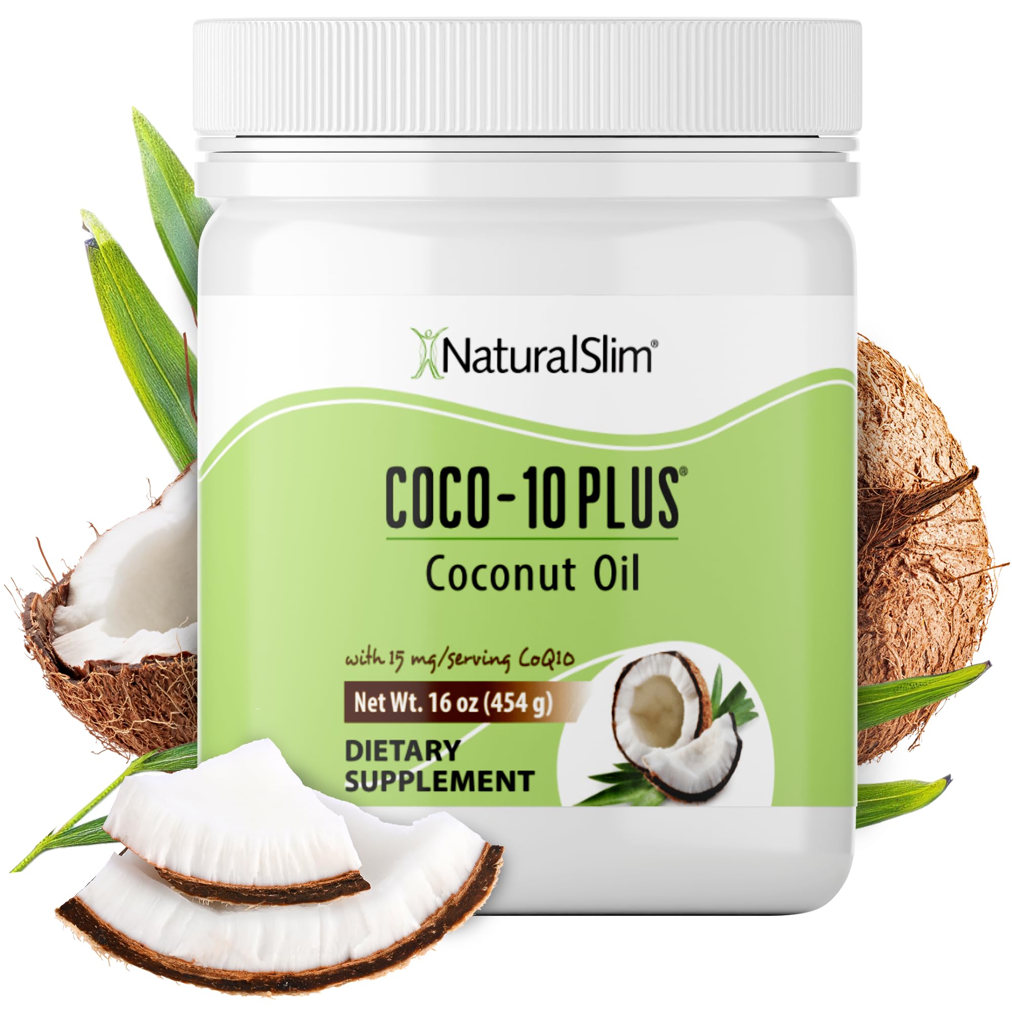 NaturalSlim Coconut Oil with CoQ10 bottle highlights metabolism support.