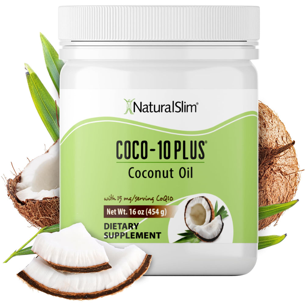 NaturalSlim Coconut Oil with CoQ10 bottle highlights metabolism support.