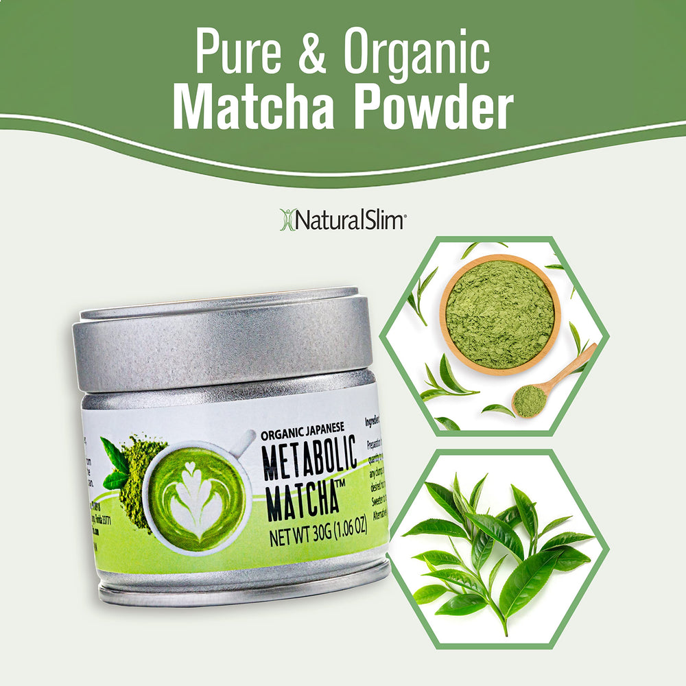 NaturalSlim organic matcha tin with clear branding for premium presentation