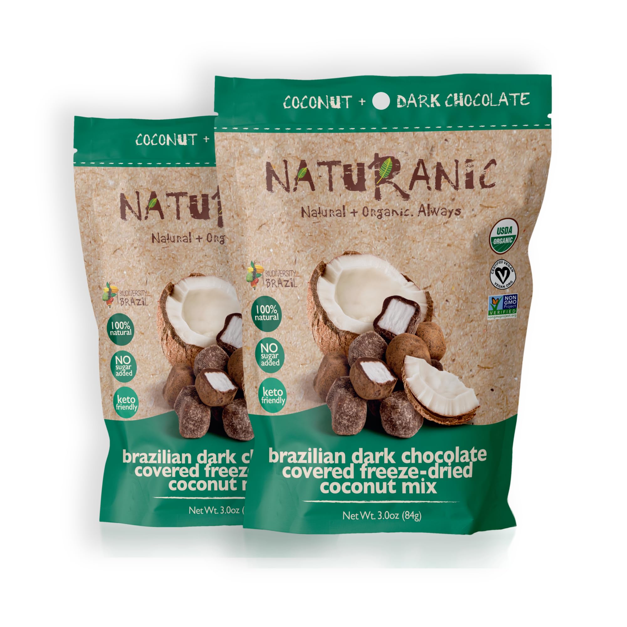 Naturanic Brazilian dark chocolate coconut snack: rich coating for keto-friendly, zero-carb indulgence.