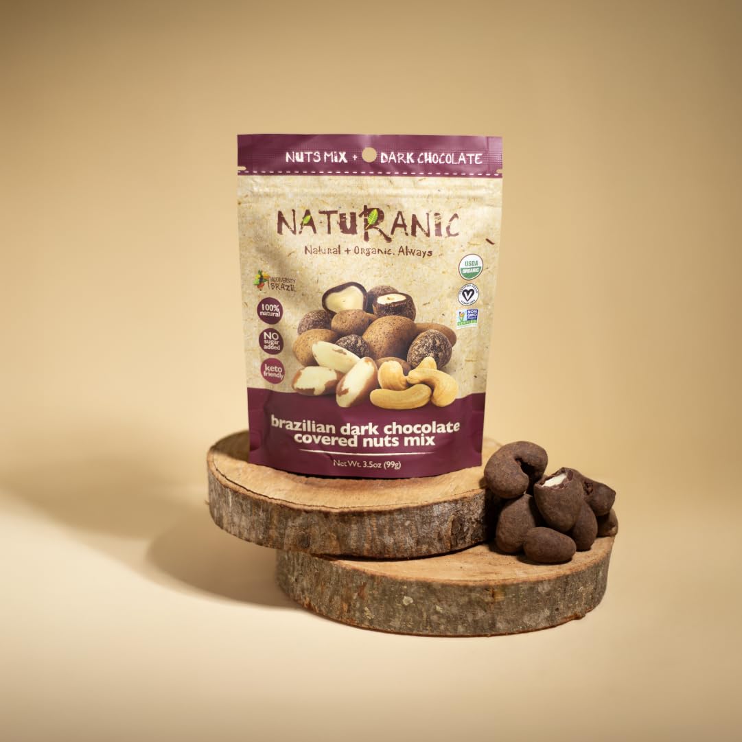 Naturanic Brazilian dark chocolate covered nuts keto-friendly packaging, supports low-carb snacking.