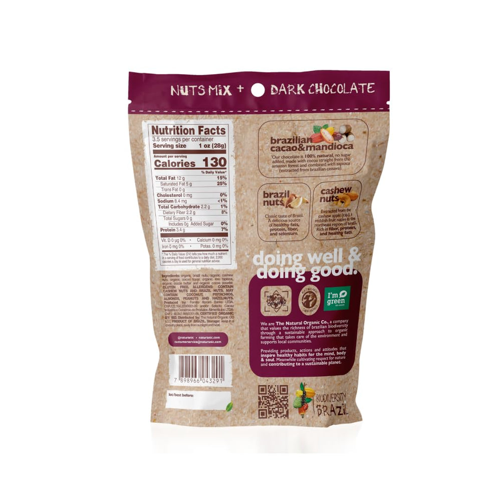 Naturanic Brazilian dark chocolate covered nuts organic ingredients label, clean nutrition you can trust.
