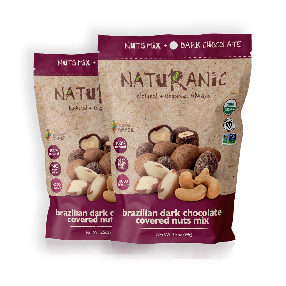 Naturanic Brazilian dark chocolate covered nuts pack front, a keto-friendly, sugar-free snack option.